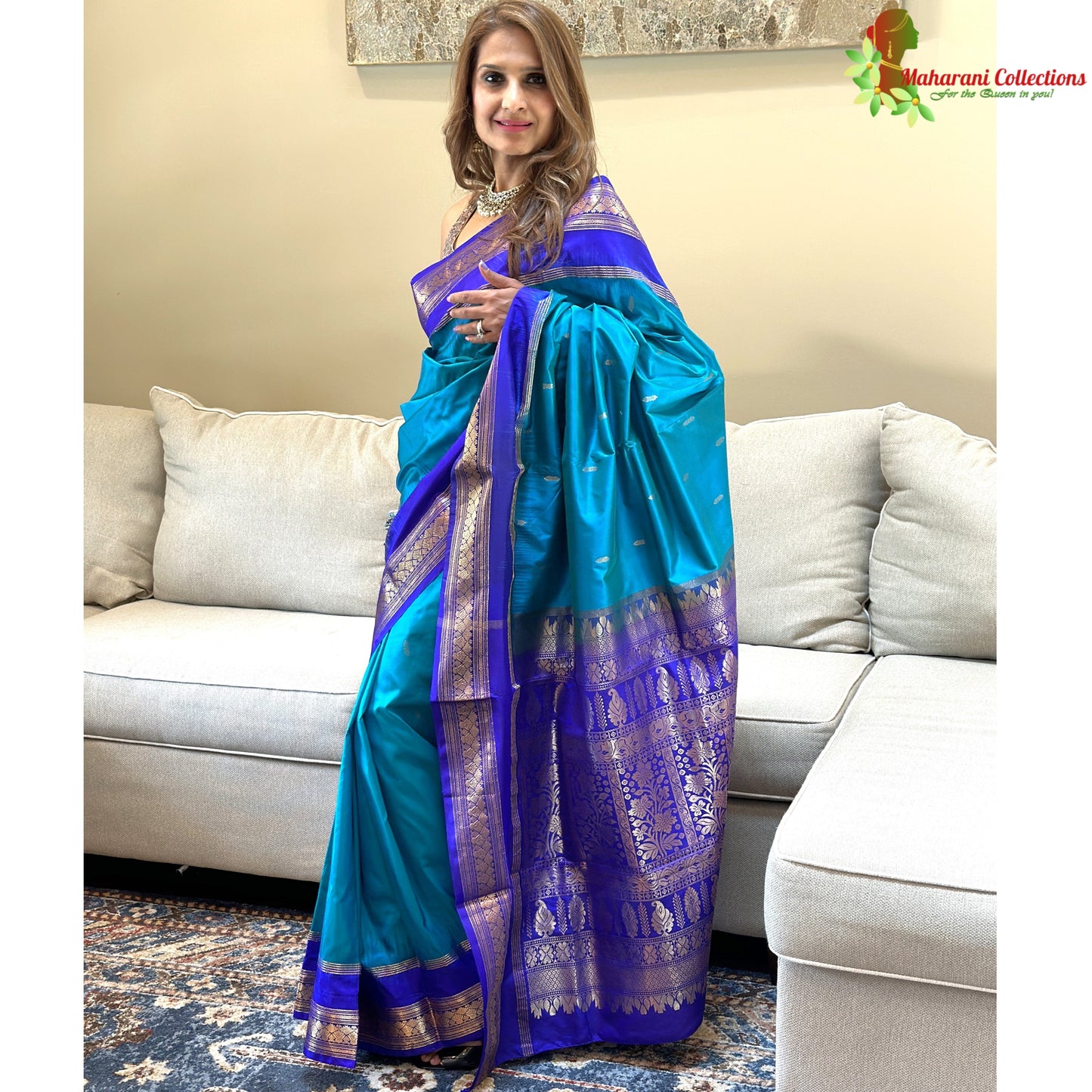 Maharani's Pure Banarasi Silk Saree - Sky Blue (with stitched Petticoat)