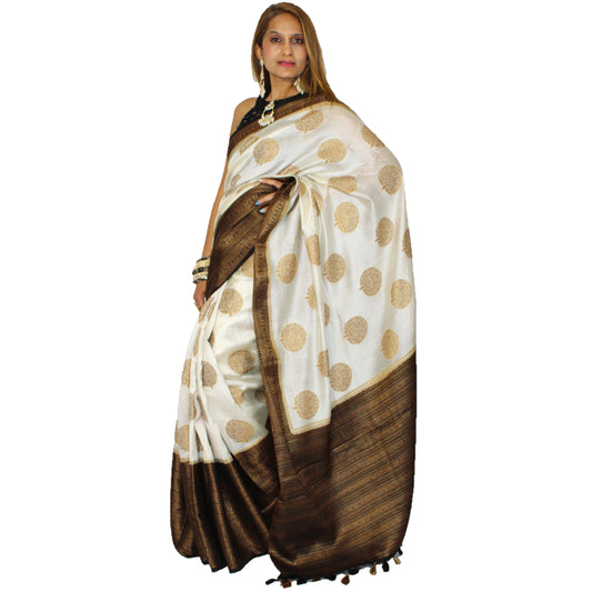 Maharani's Pure Banarasi Silk Saree - Cream (with stitched Blouse and Petticoat)