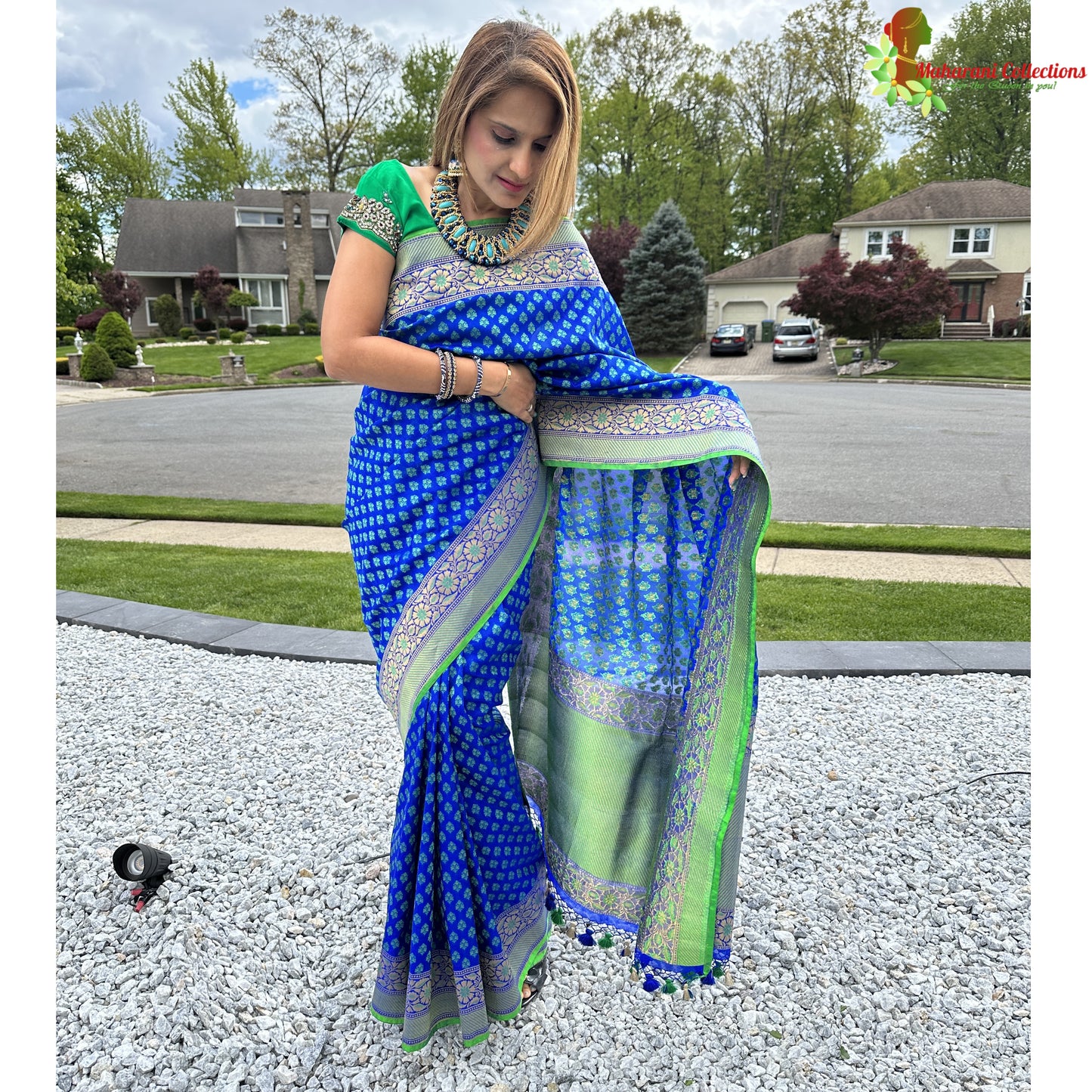 Maharani's Pure Banarasi Silk Saree - Blue with Green Border (with stitched Blouse and Petticoat)