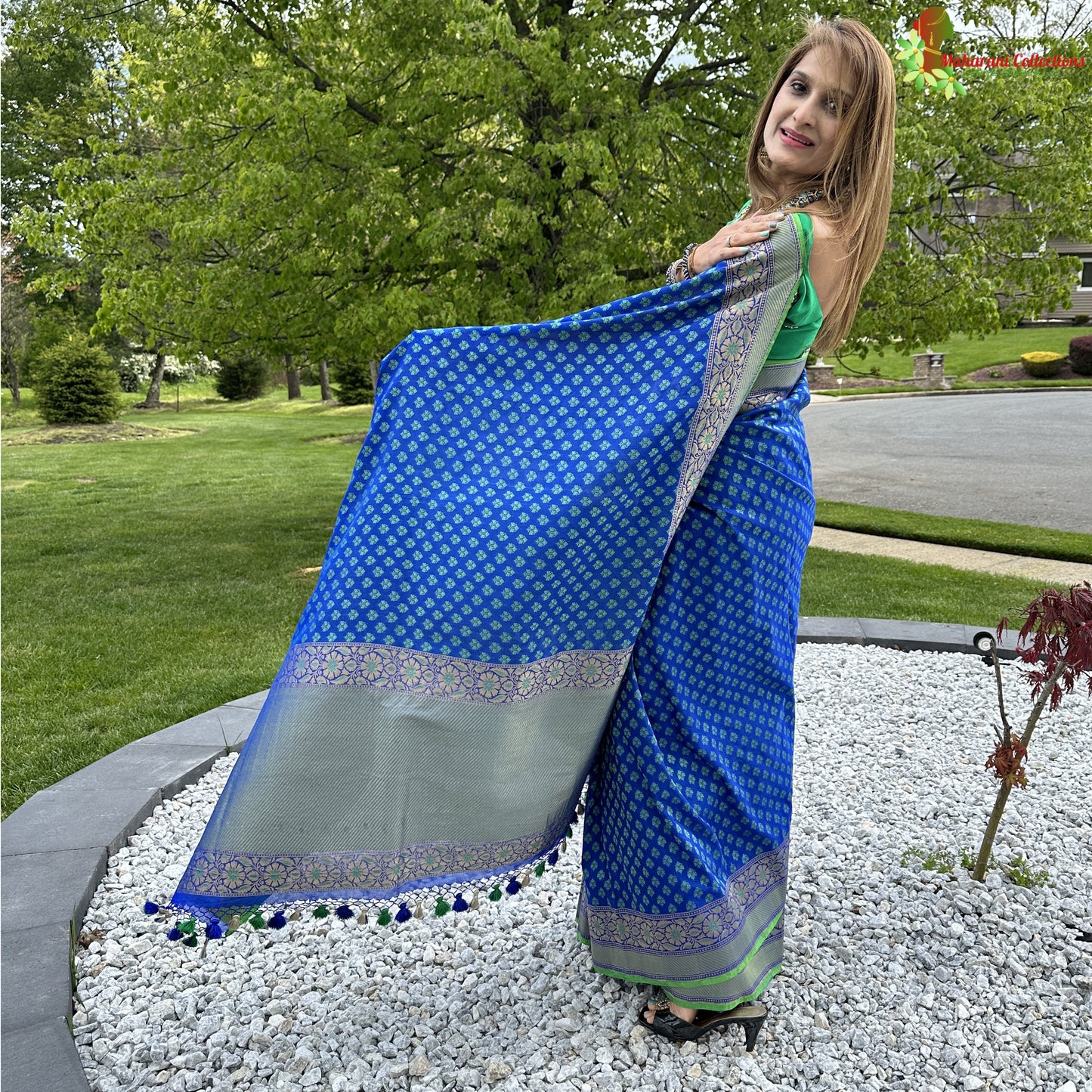 Maharani's Pure Banarasi Silk Saree - Blue with Green Border (with stitched Blouse and Petticoat)