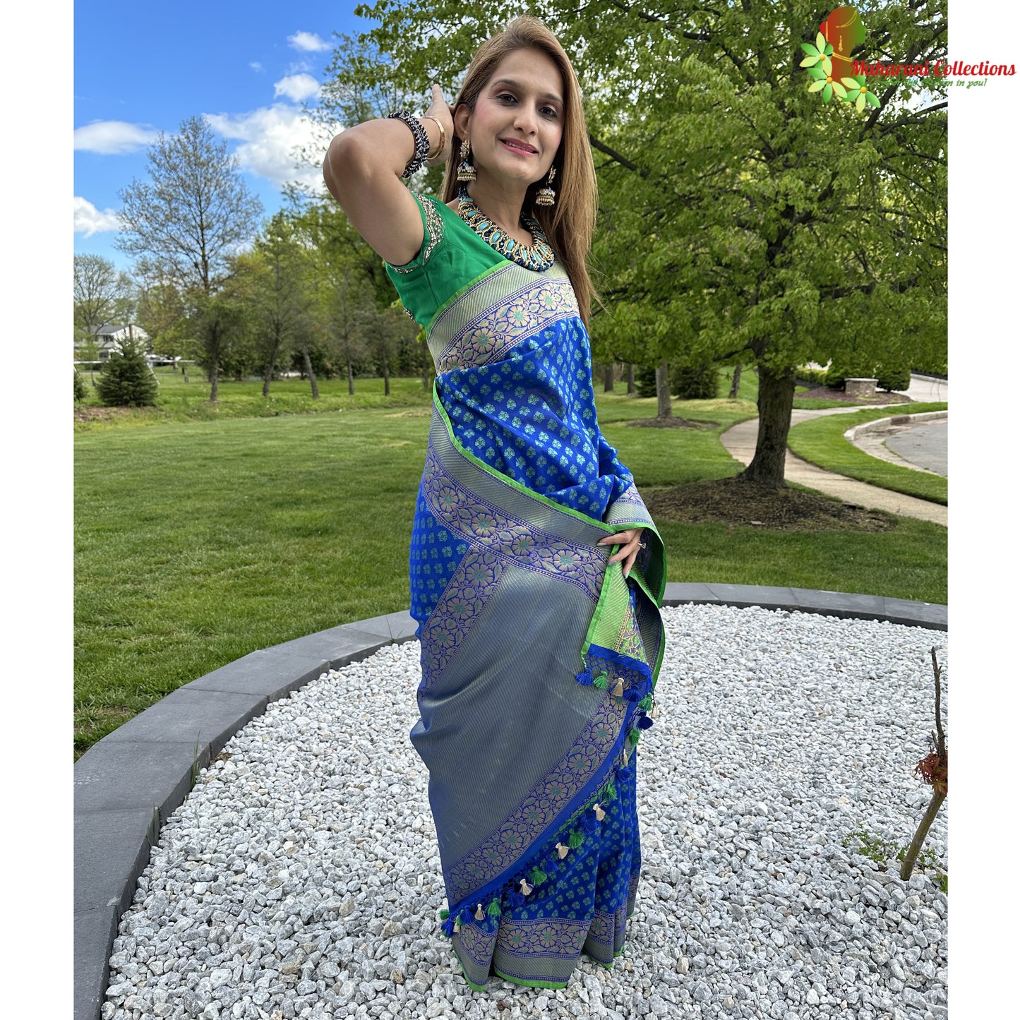 Maharani's Pure Banarasi Silk Saree - Blue with Green Border (with stitched Blouse and Petticoat)