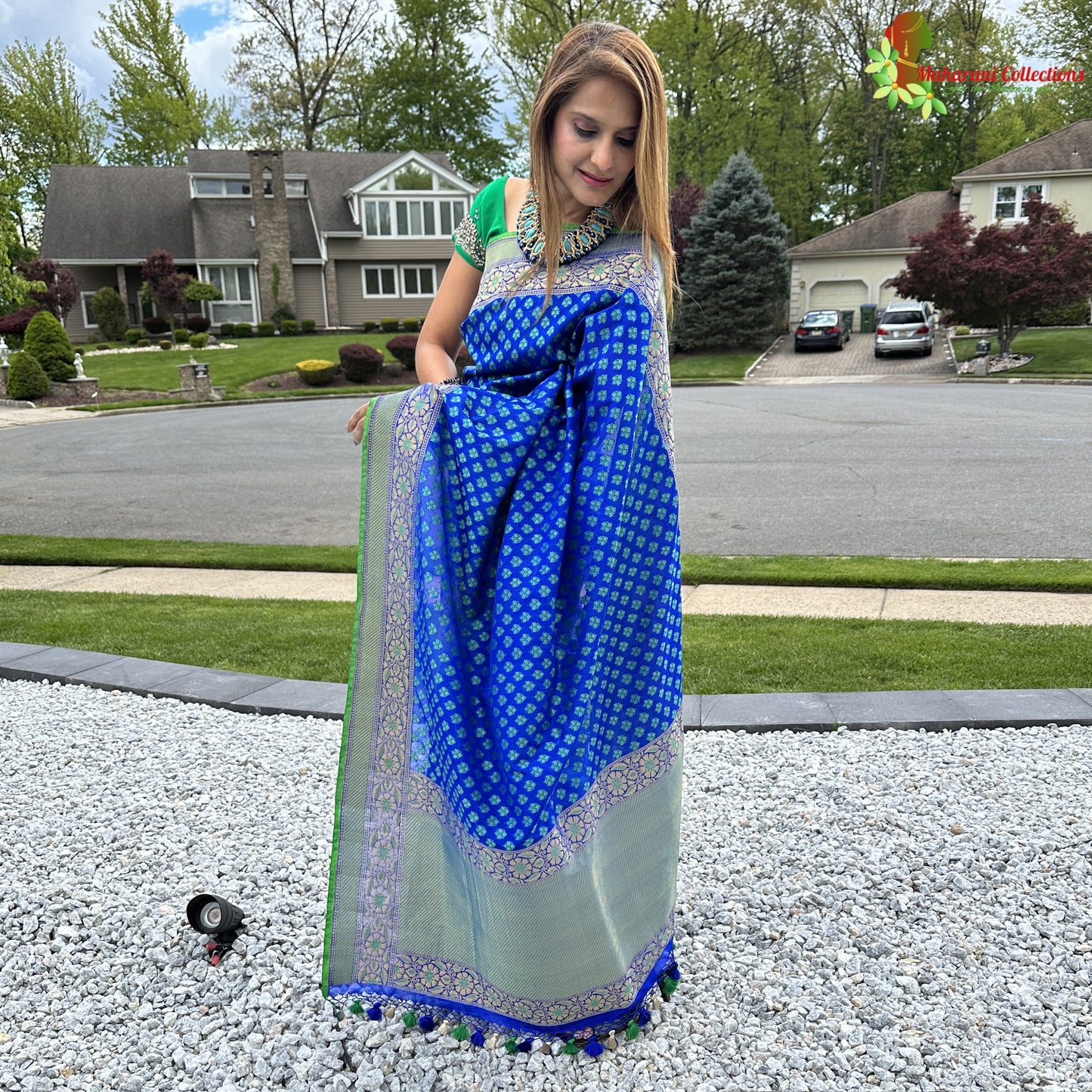 Maharani's Pure Banarasi Silk Saree - Blue with Green Border (with stitched Blouse and Petticoat)