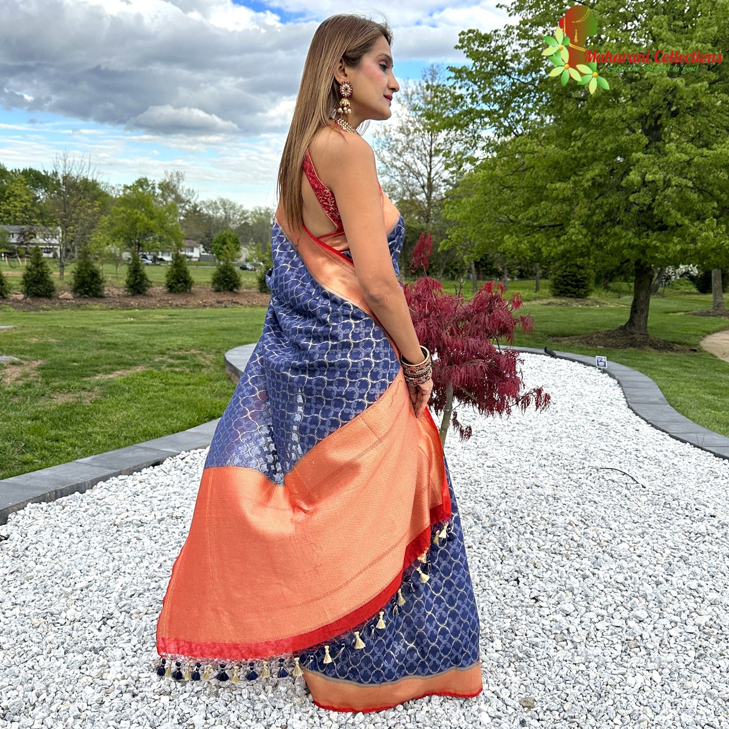 Maharani's Pure Chanderi Silk Saree - Royal Blue with Contrast Border