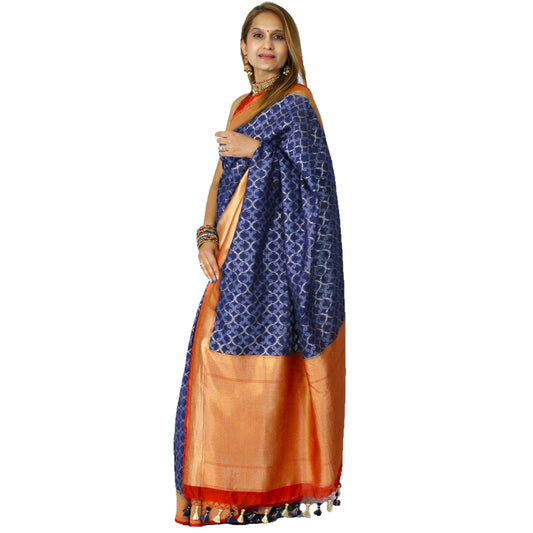 Maharani's Pure Chanderi Silk Saree - Royal Blue with Contrast Border