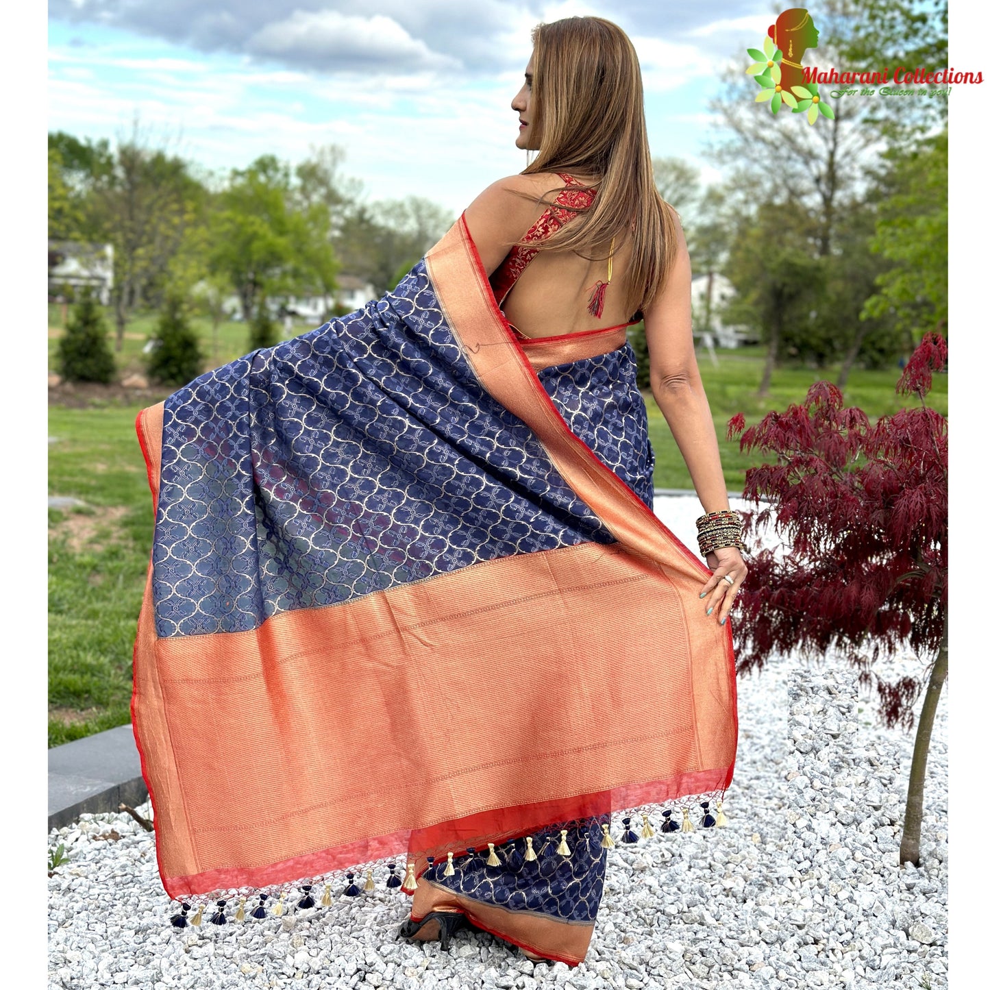 Maharani's Pure Chanderi Silk Saree - Royal Blue with Contrast Border