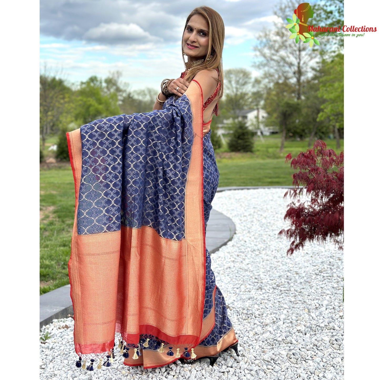 Maharani's Pure Chanderi Silk Saree - Royal Blue with Contrast Border