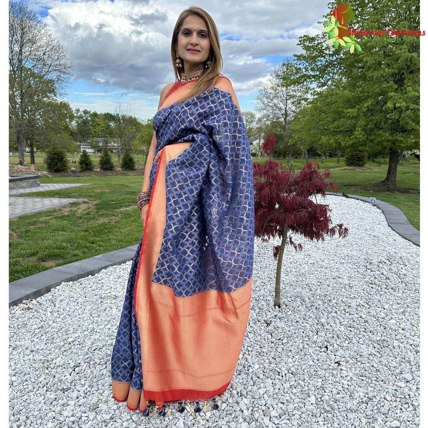 Maharani's Pure Chanderi Silk Saree - Royal Blue with Contrast Border