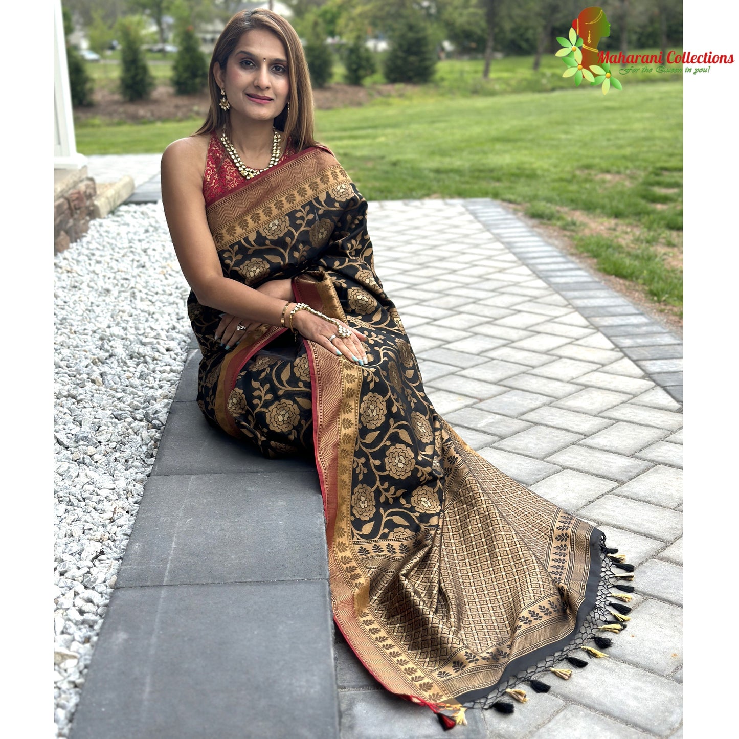 Maharani's Pure Chanderi Silk Saree - Black/Golden with Contrast Border