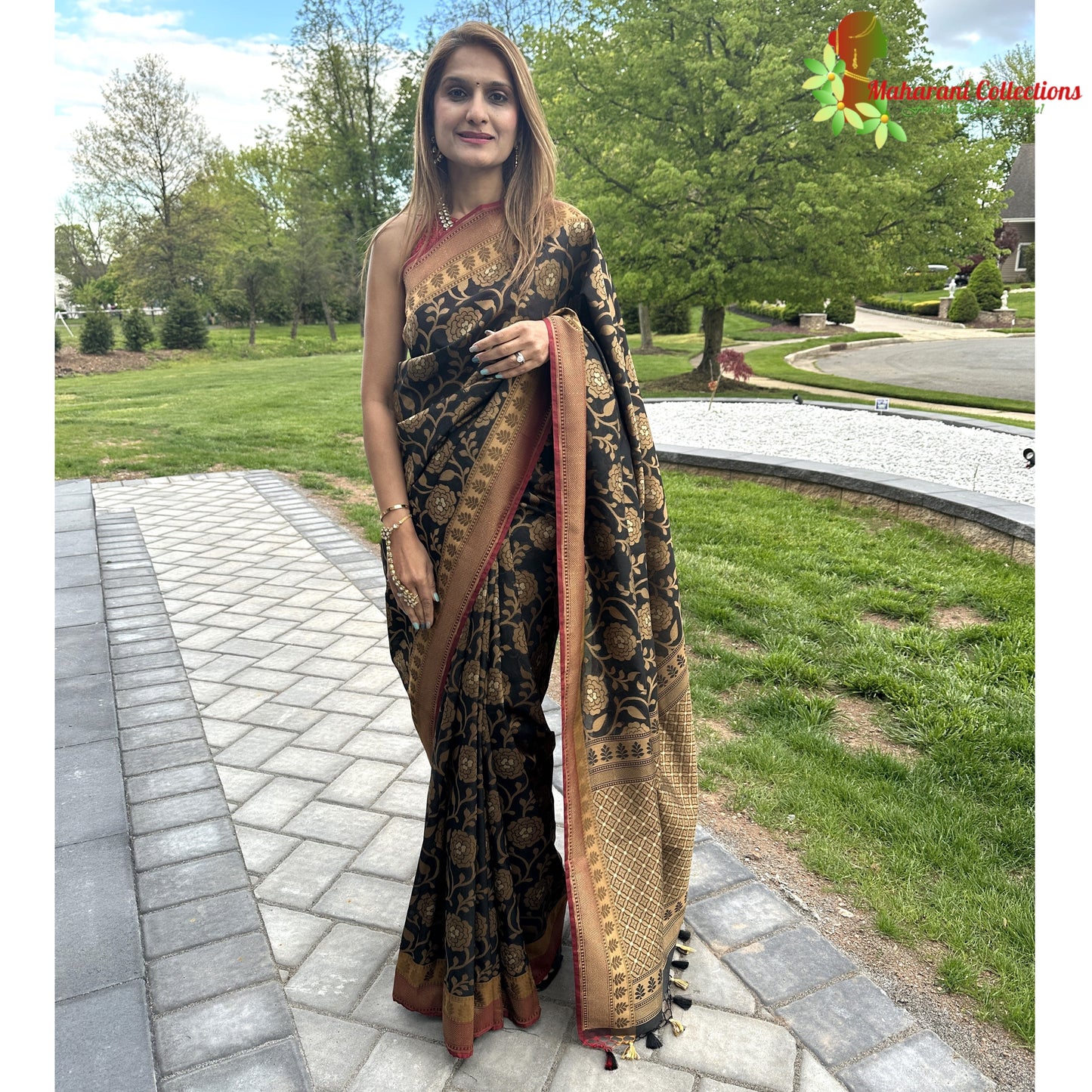 Maharani's Pure Chanderi Silk Saree - Black/Golden with Contrast Border