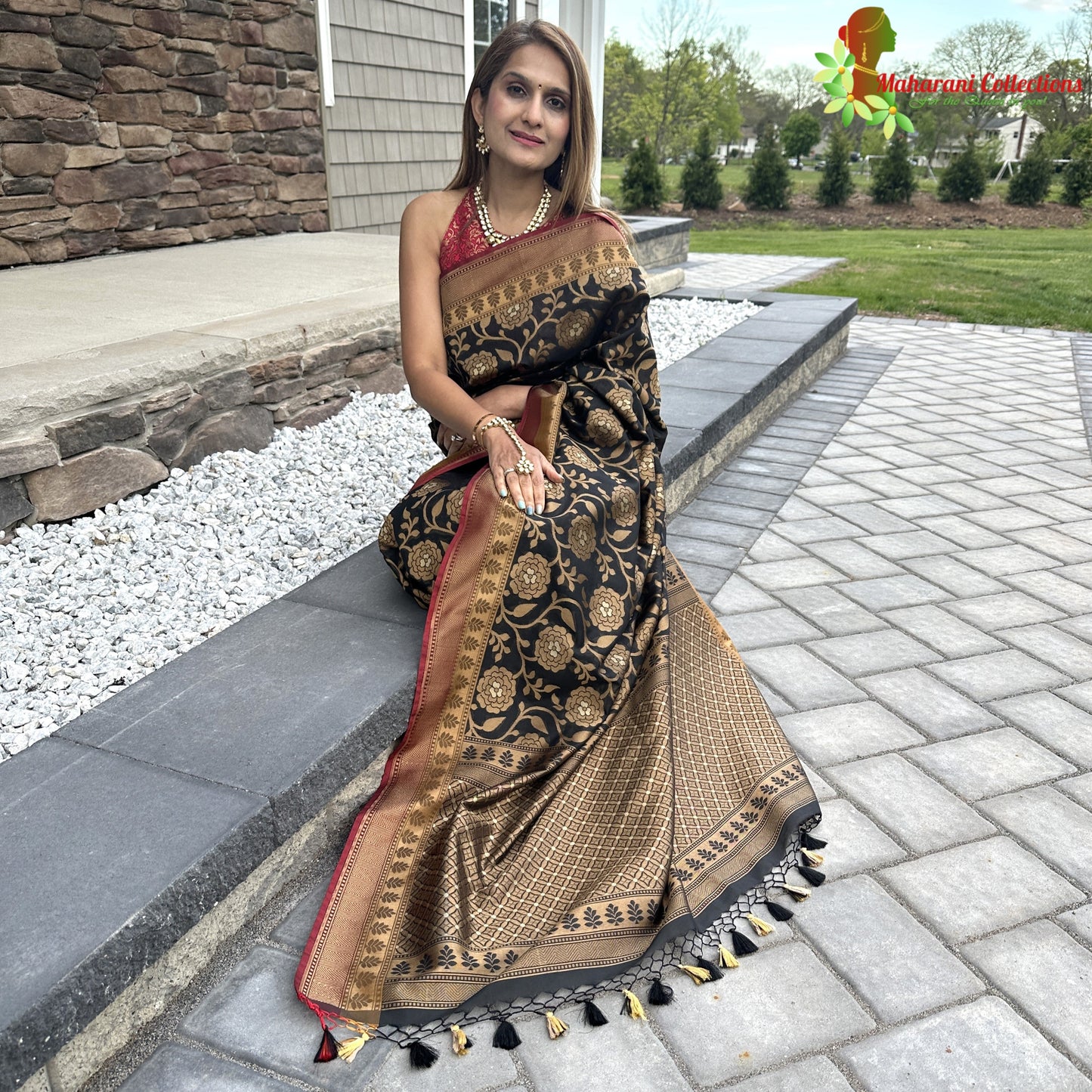 Maharani's Pure Chanderi Silk Saree - Black/Golden with Contrast Border
