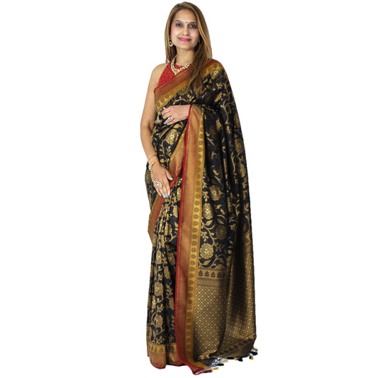 Maharani's Pure Chanderi Silk Saree - Black/Golden with Contrast Border