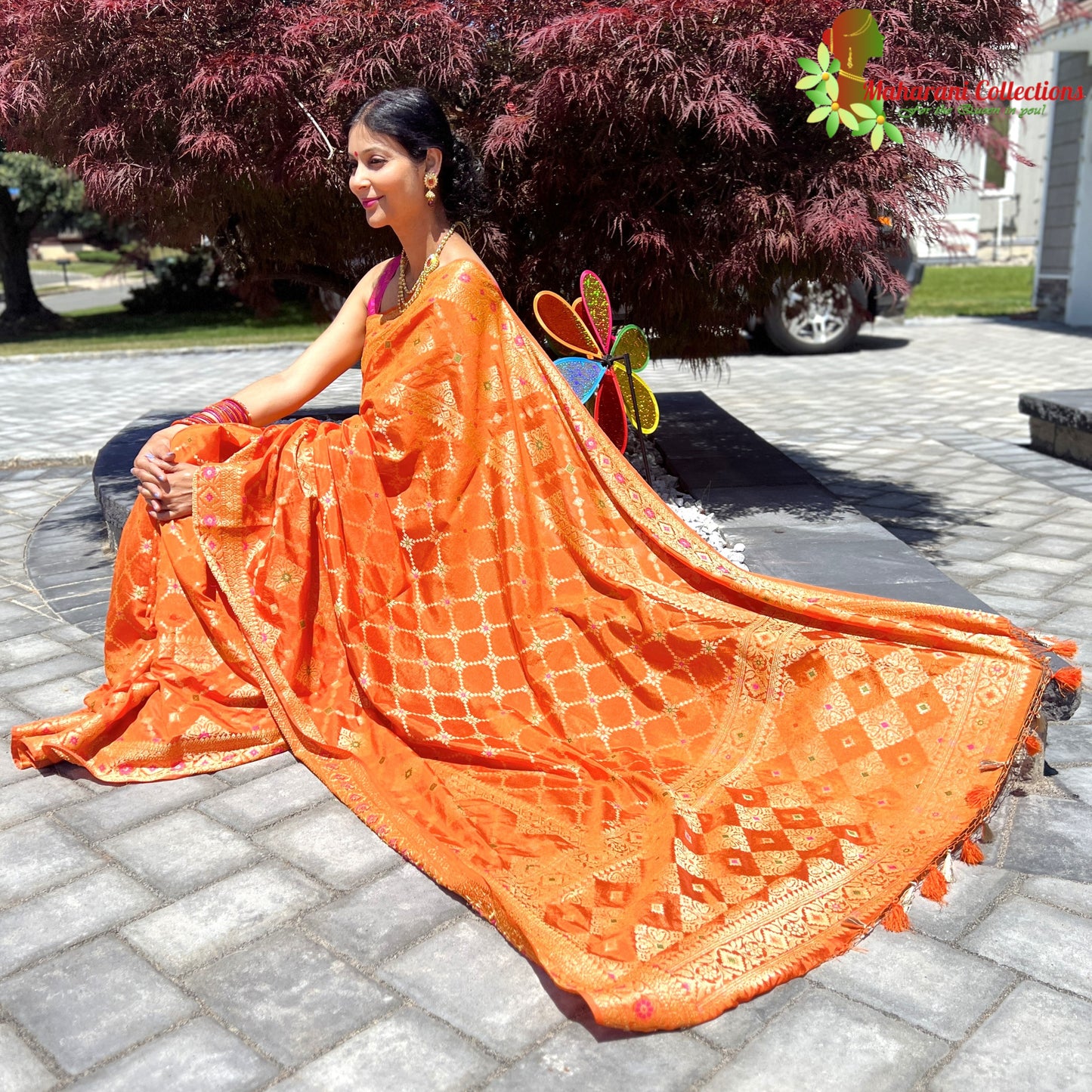Maharani's Pure Tussar Silk Saree (Silk Mark) - Orange (with Stitched Blouse & Petticoat)