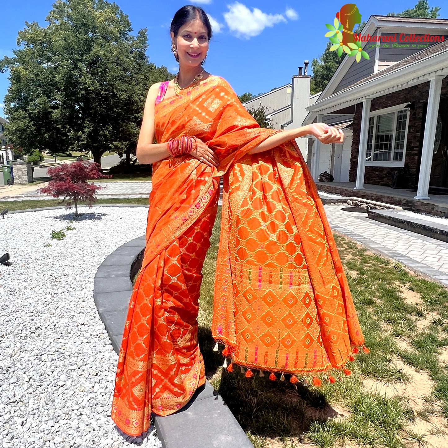 Maharani's Pure Tussar Silk Saree (Silk Mark) - Orange (with Stitched Blouse & Petticoat)