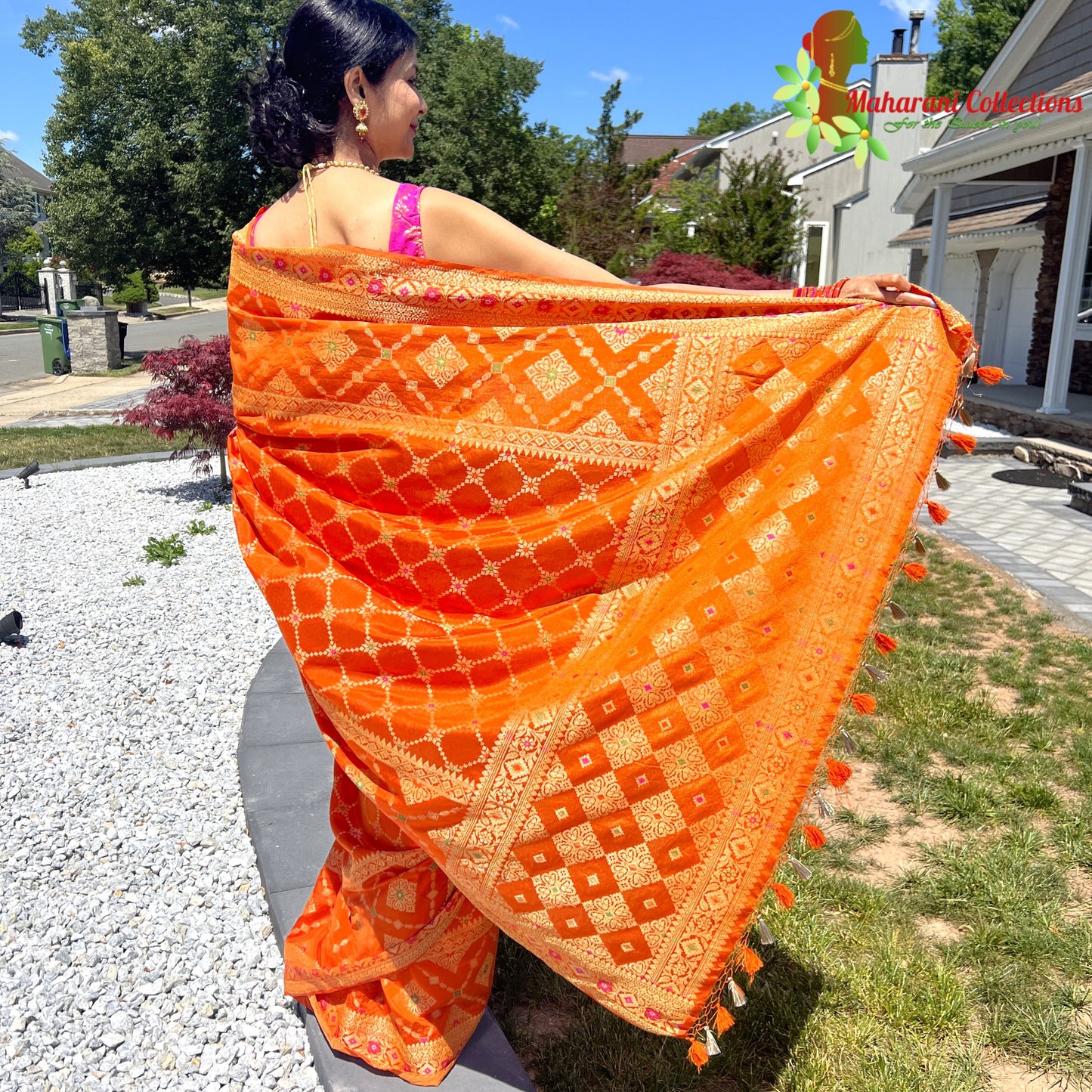 Maharani's Pure Tussar Silk Saree (Silk Mark) - Orange (with Stitched Blouse & Petticoat)