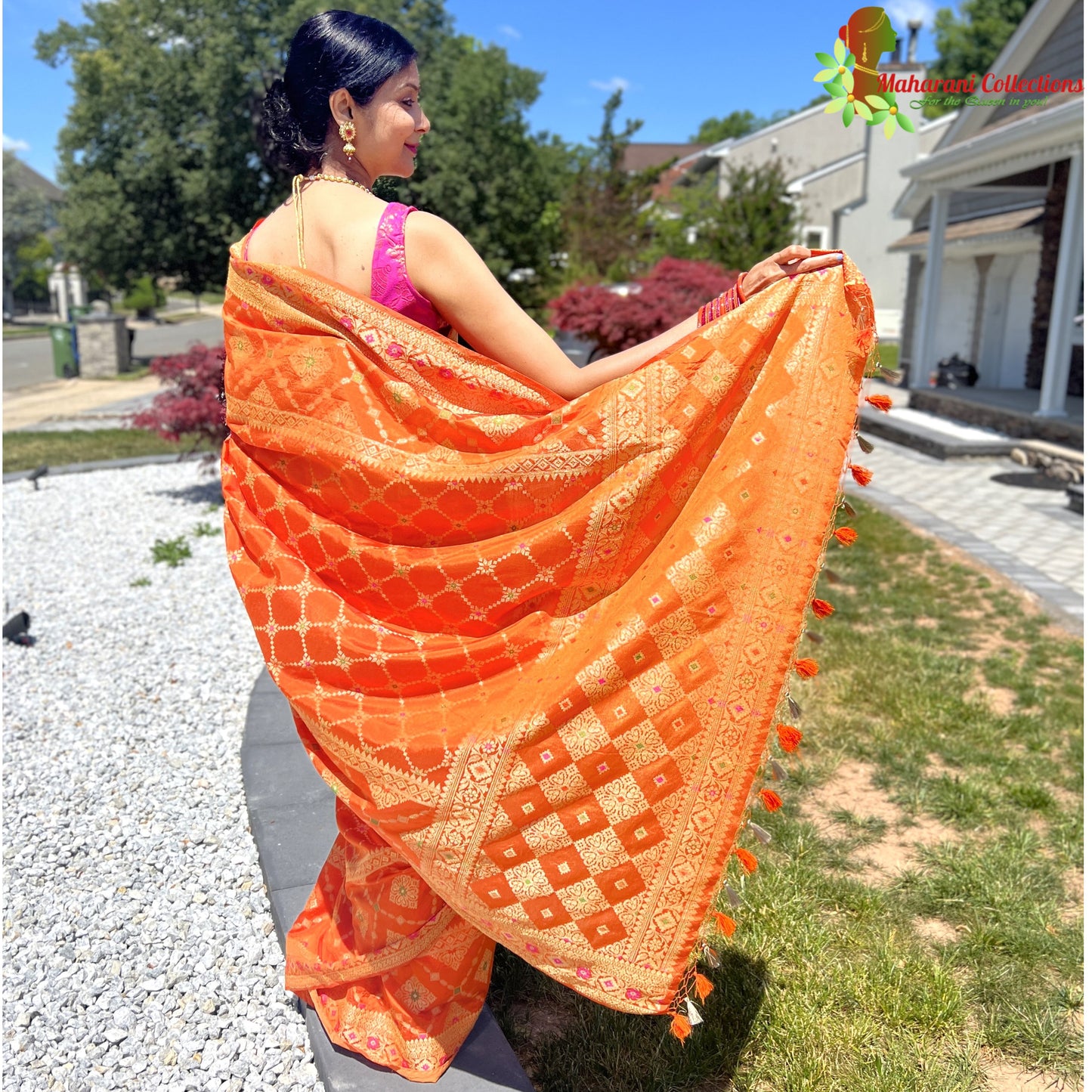 Maharani's Pure Tussar Silk Saree (Silk Mark) - Orange (with Stitched Blouse & Petticoat)