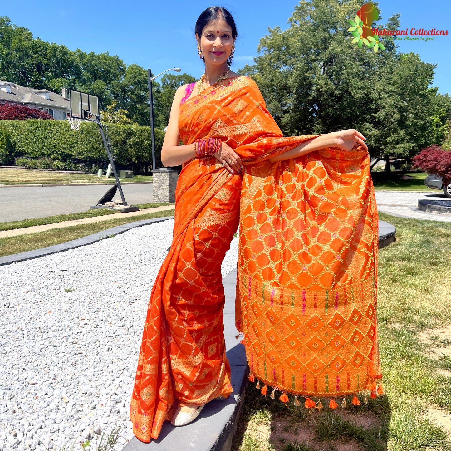 Maharani's Pure Tussar Silk Saree (Silk Mark) - Orange (with Stitched Blouse & Petticoat)
