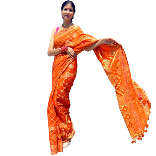 Maharani's Pure Tussar Silk Saree (Silk Mark) - Orange (with Stitched Blouse & Petticoat)