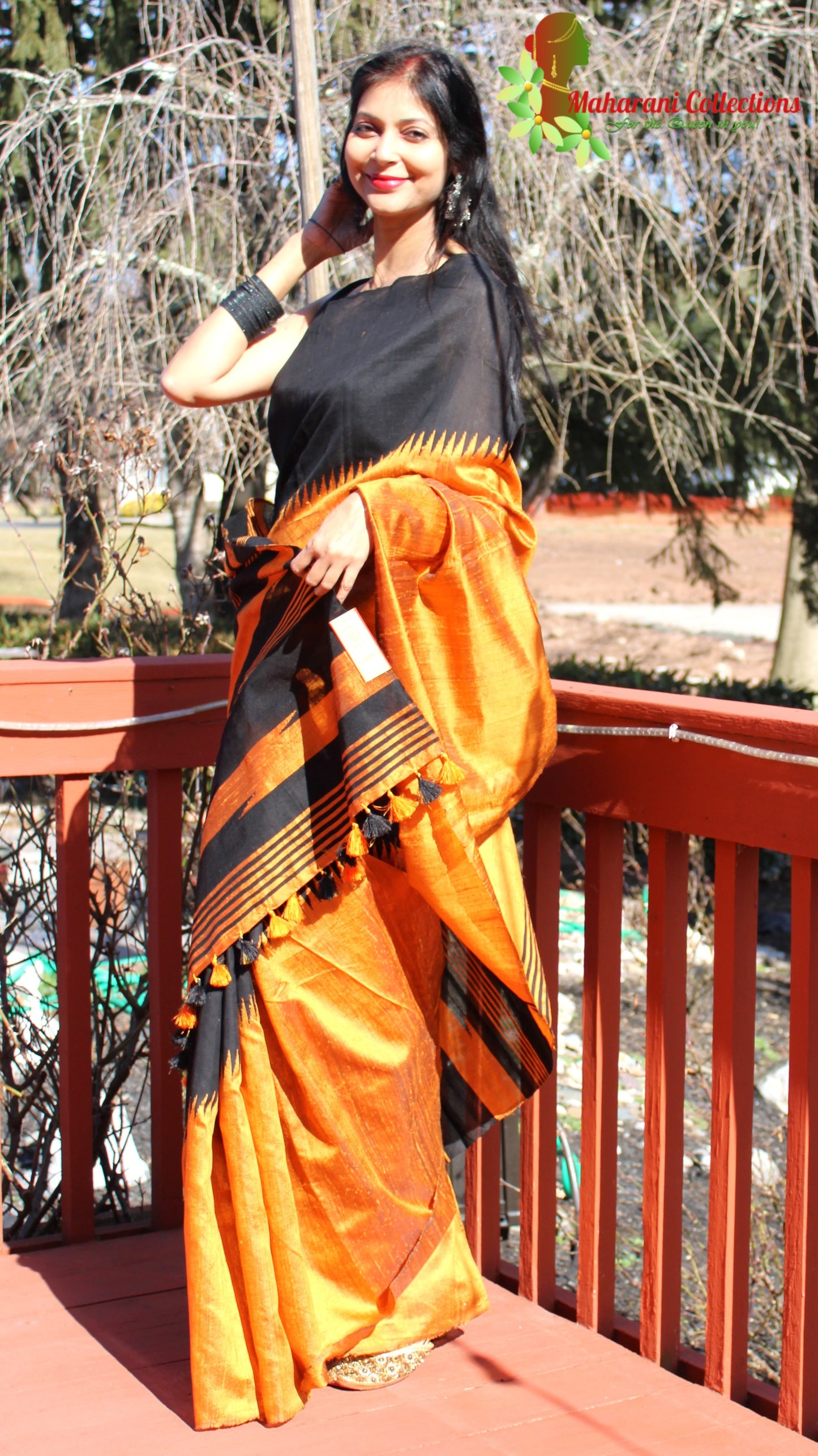 Pure Handloom Tussar Silk Saree - Black with Orange Temple Border