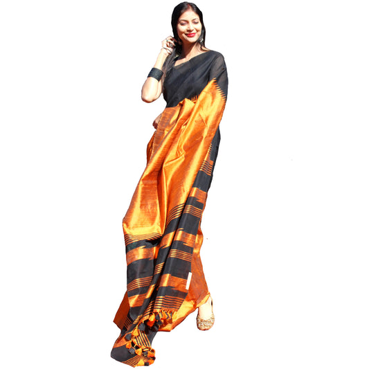 Pure Handloom Tussar Silk Saree - Black with Orange Temple Border
