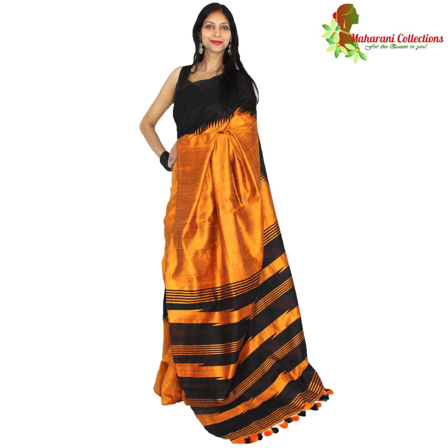 Pure Handloom Tussar Silk Saree - Black with Orange Temple Border