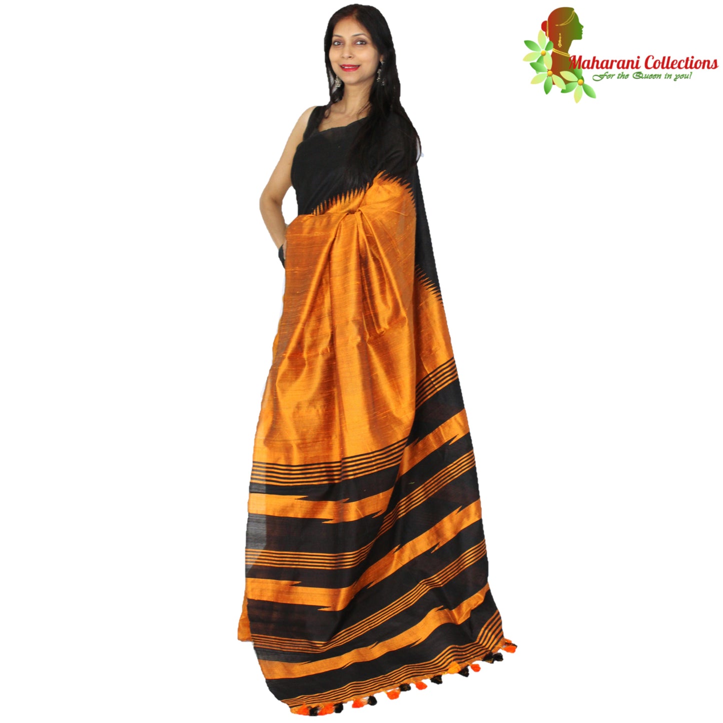 Pure Handloom Tussar Silk Saree - Black with Orange Temple Border