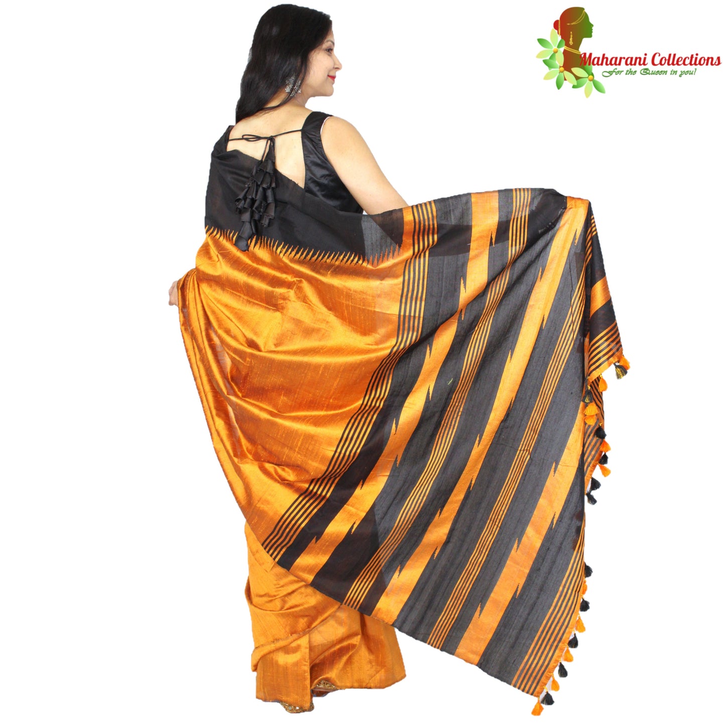 Pure Handloom Tussar Silk Saree - Black with Orange Temple Border