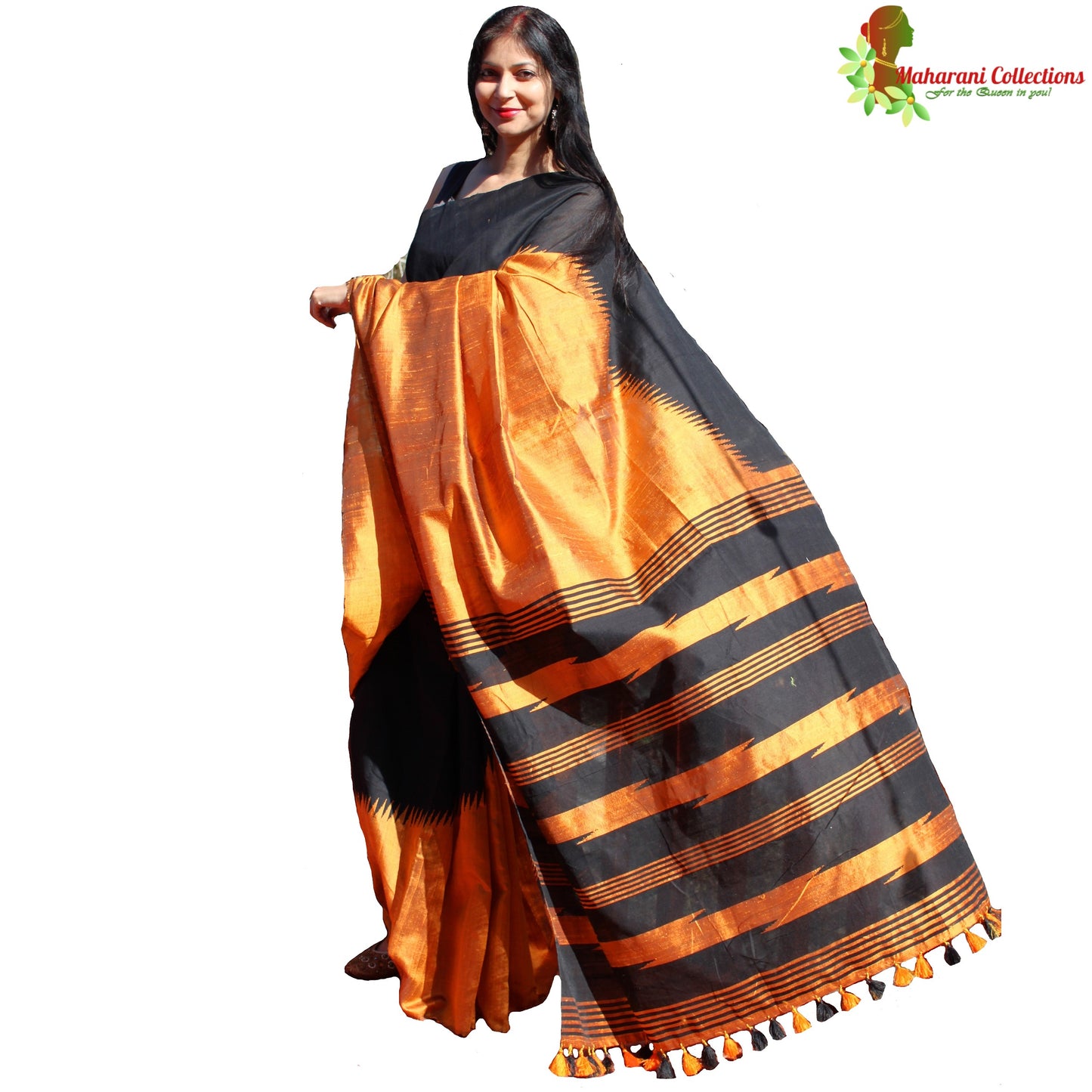 Pure Handloom Tussar Silk Saree - Black with Orange Temple Border