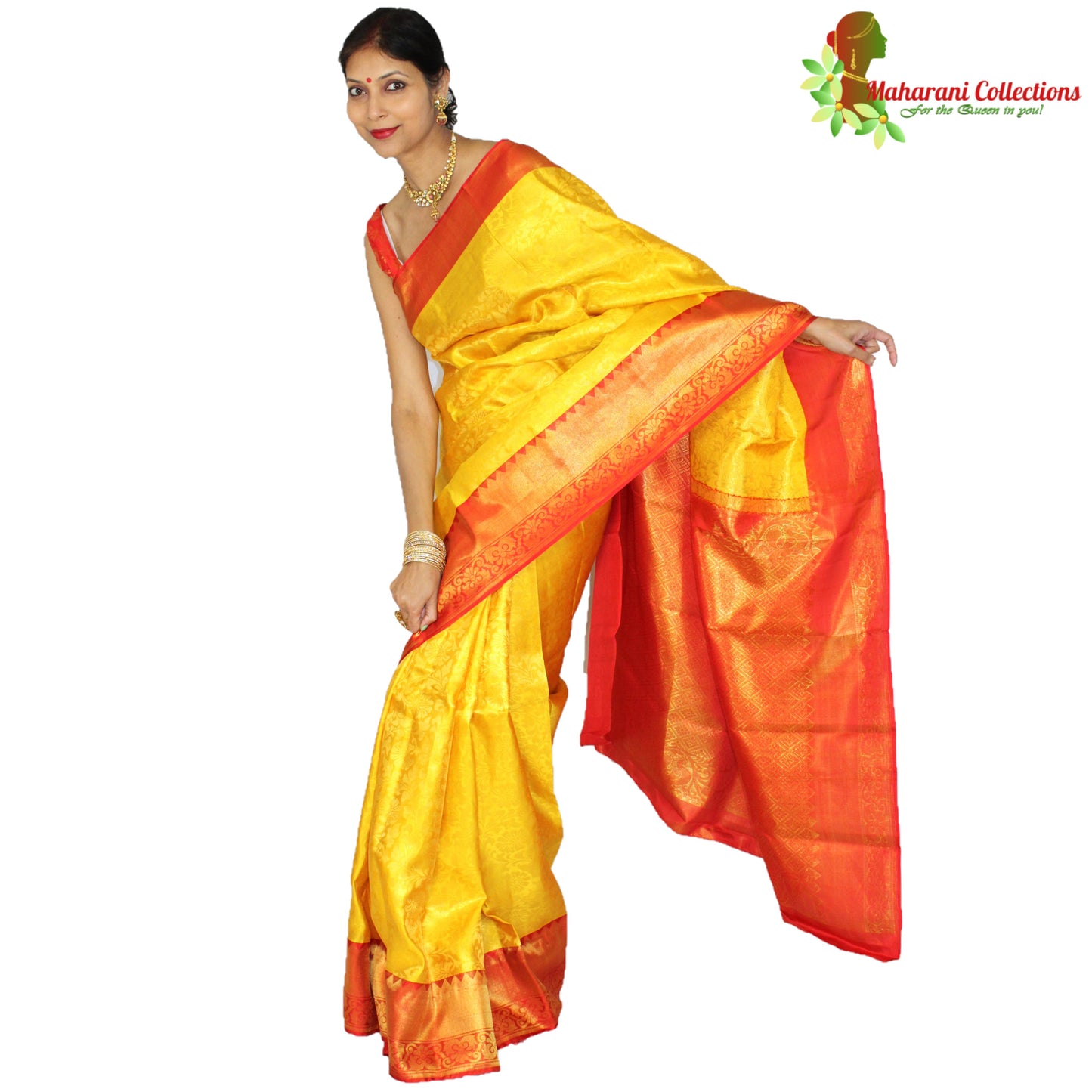 Maharani's Pure Handloom Kanjivaram Silk Saree - Mustard Yellow with Golden Zari and Boota Work