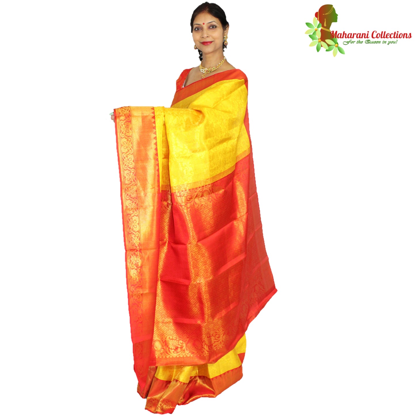 Maharani's Pure Handloom Kanjivaram Silk Saree - Mustard Yellow with Golden Zari and Boota Work
