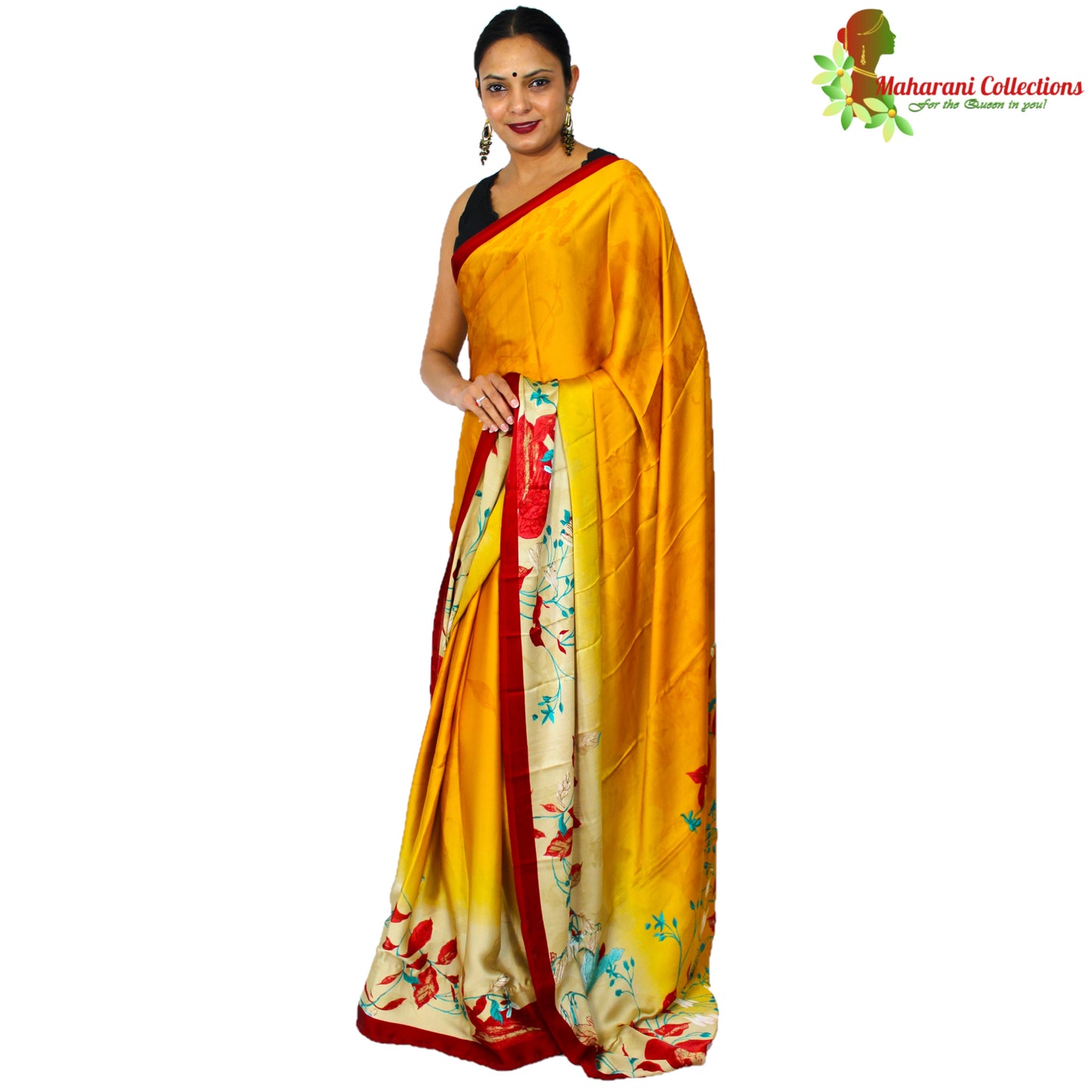 Maharani's Simple Elegance Satin Silk Saree - Yellow and Red