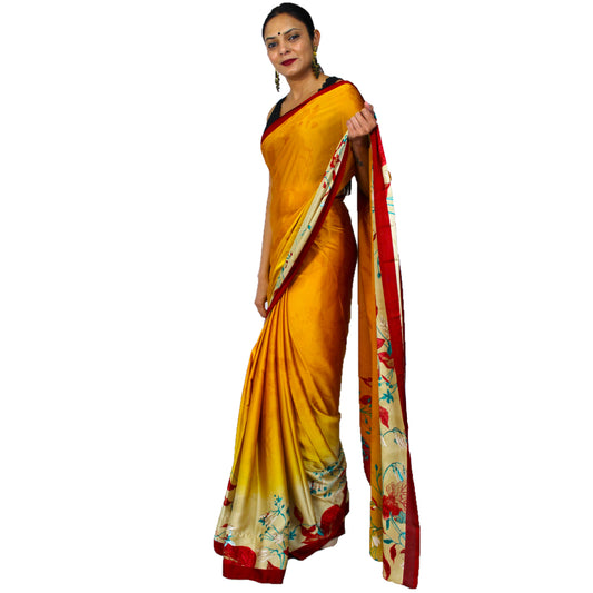 Maharani's Simple Elegance Satin Silk Saree - Yellow and Red