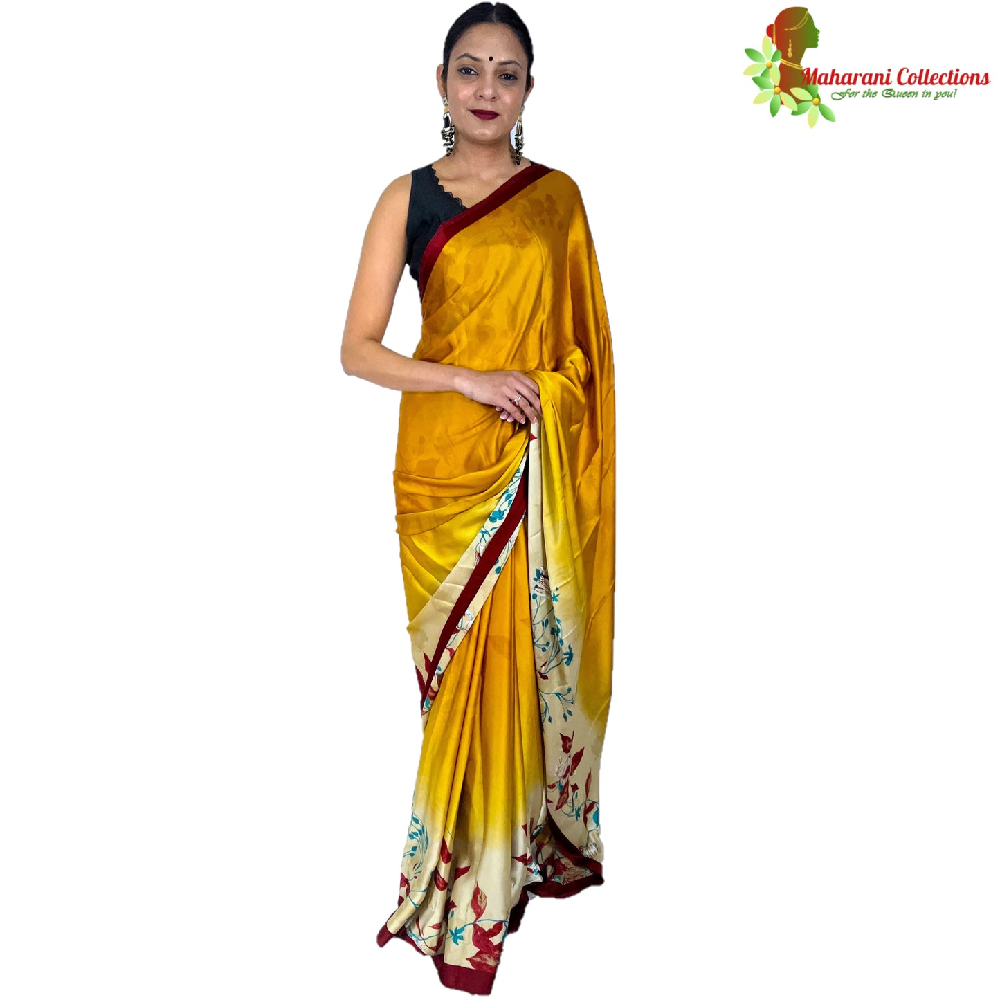Maharani's Simple Elegance Satin Silk Saree - Yellow and Red