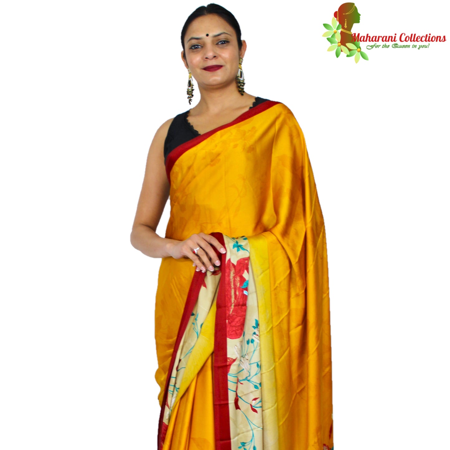 Maharani's Simple Elegance Satin Silk Saree - Yellow and Red