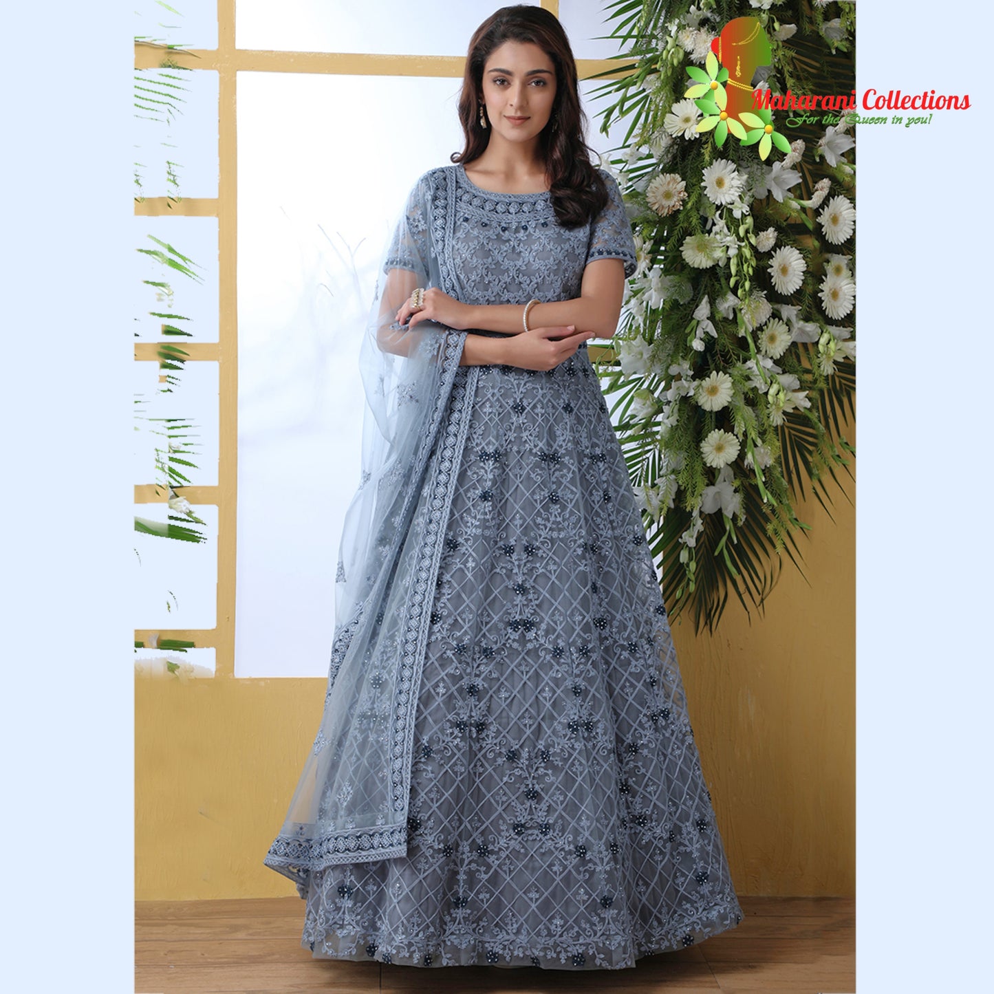 Maharani's Designer Gala Gown - Bluish Grey with Exquisite Thread and Stonework