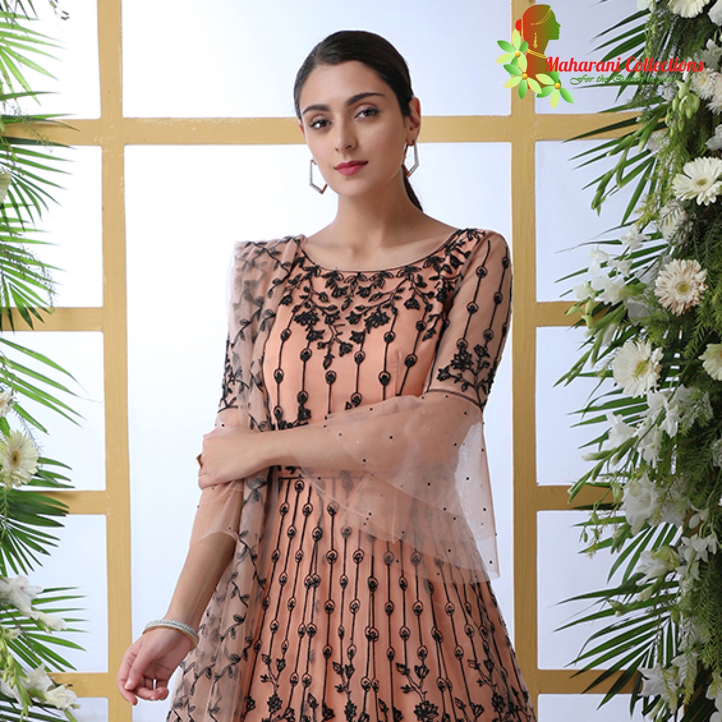 Maharani's Designer Gala Gown - Peach and Black with Exquisite Thread Work