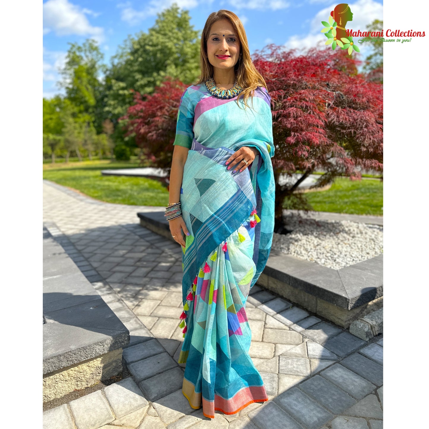 Maharani's Simple Elegance Matka Silk Saree - Blue/Green (with stitched blouse and petticoat)
