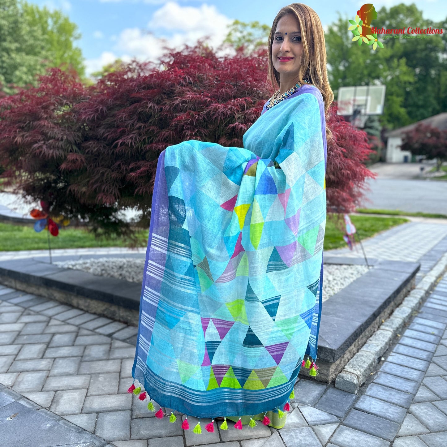Maharani's Simple Elegance Matka Silk Saree - Blue/Green (with stitched blouse and petticoat)