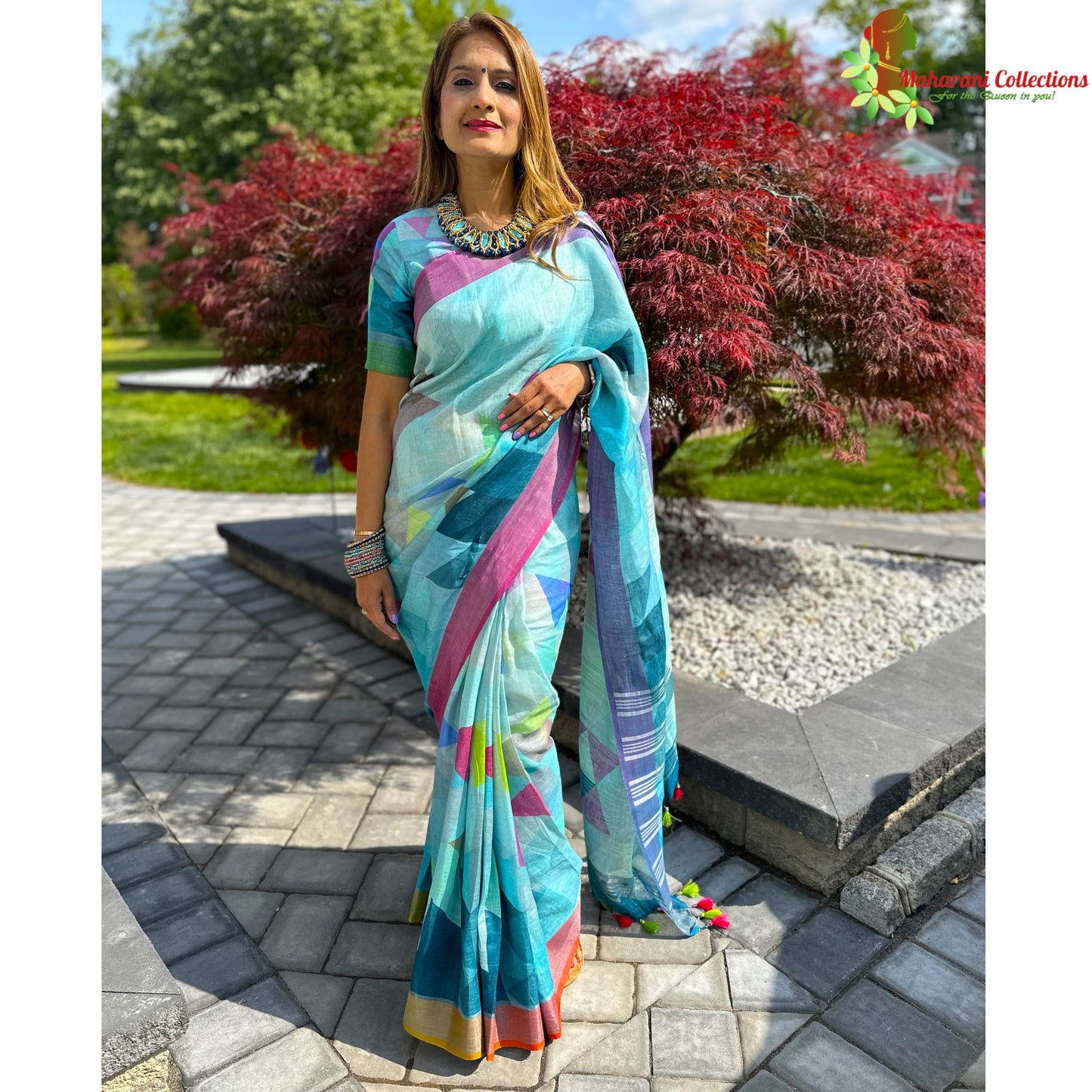 Maharani's Simple Elegance Matka Silk Saree - Blue/Green (with stitched blouse and petticoat)