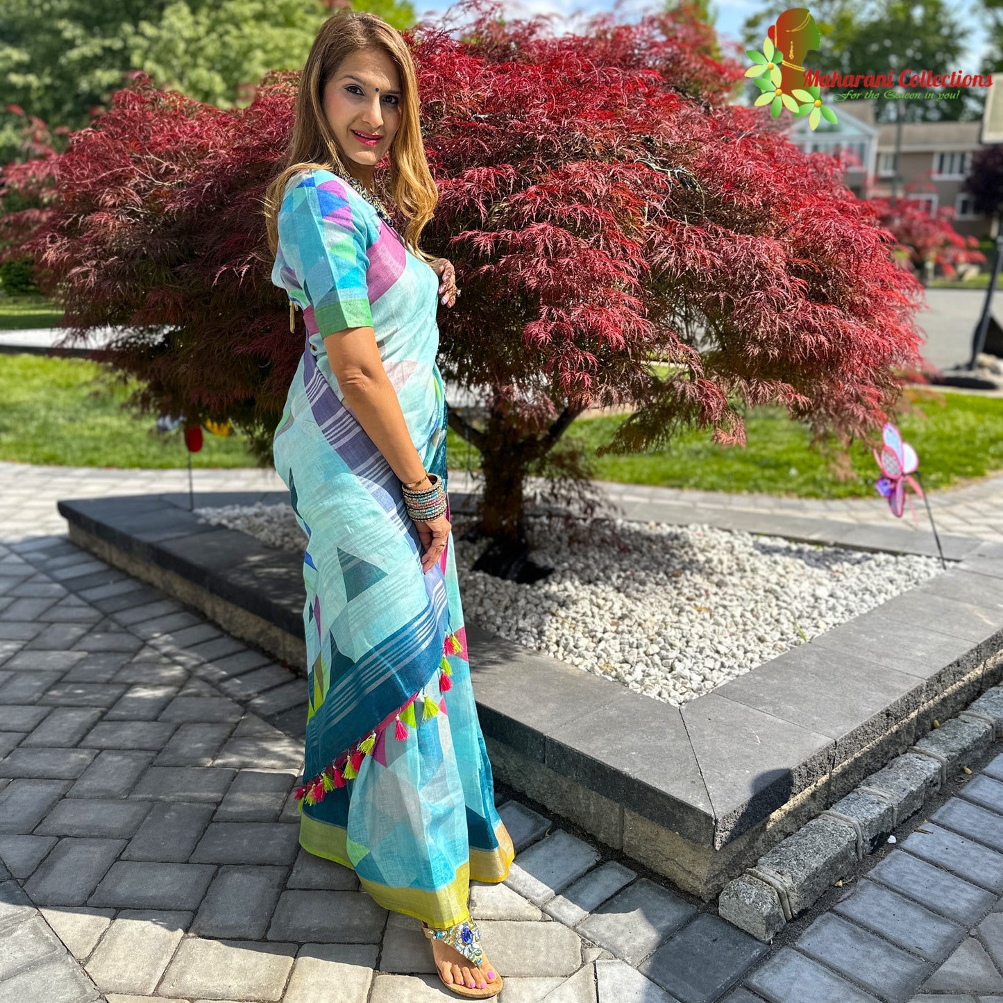 Maharani's Simple Elegance Matka Silk Saree - Blue/Green (with stitched blouse and petticoat)