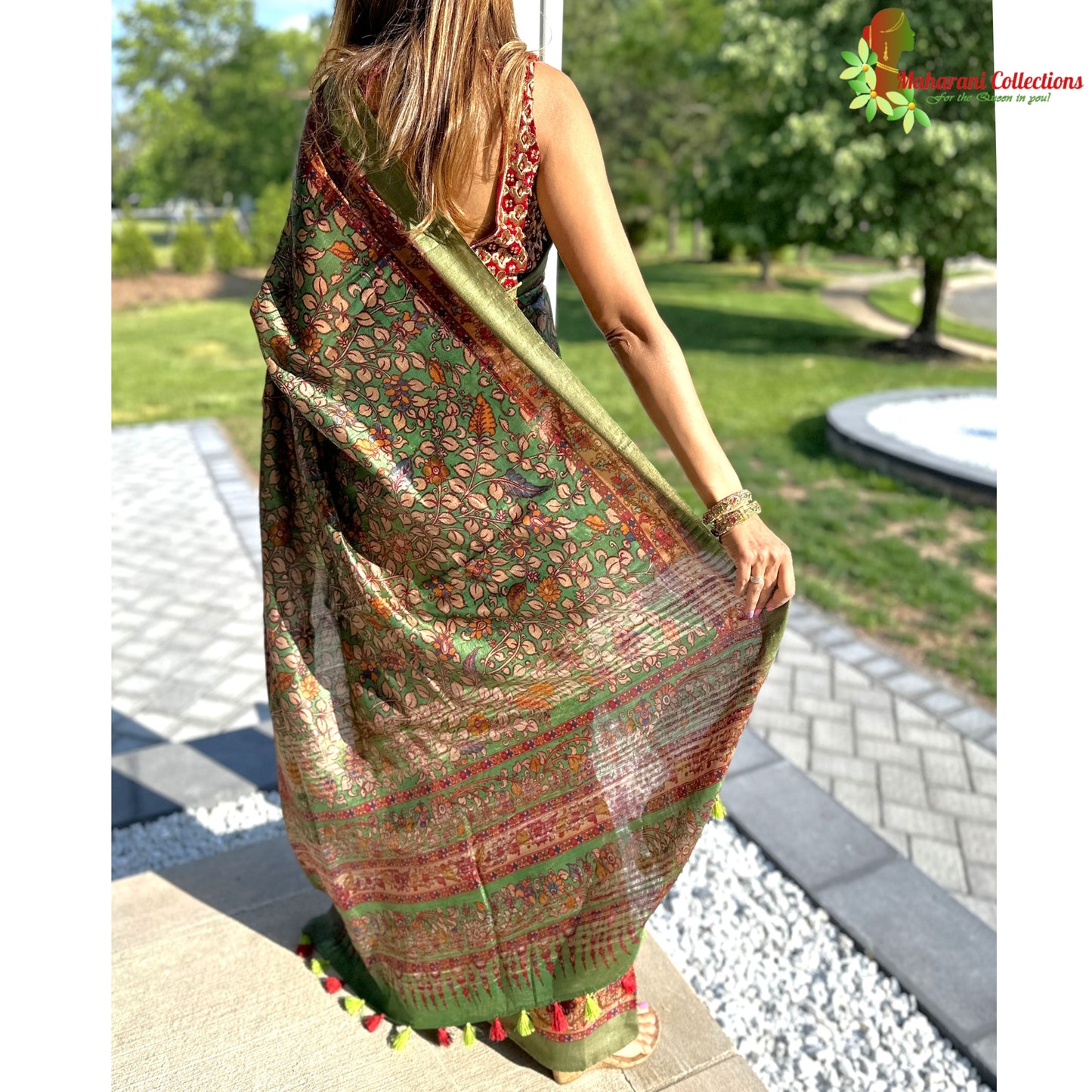Maharani's Simple Elegance Matka Silk Saree - Green Floral (with stitched blouse and petticoat)