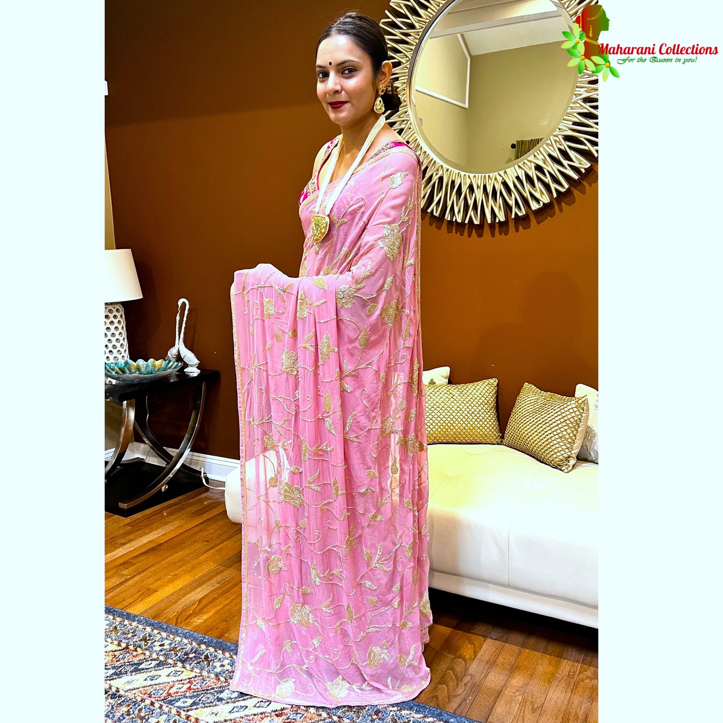 Maharani's Designer Party Wear Georgette Saree - Peach (with Stitched Petticoat)