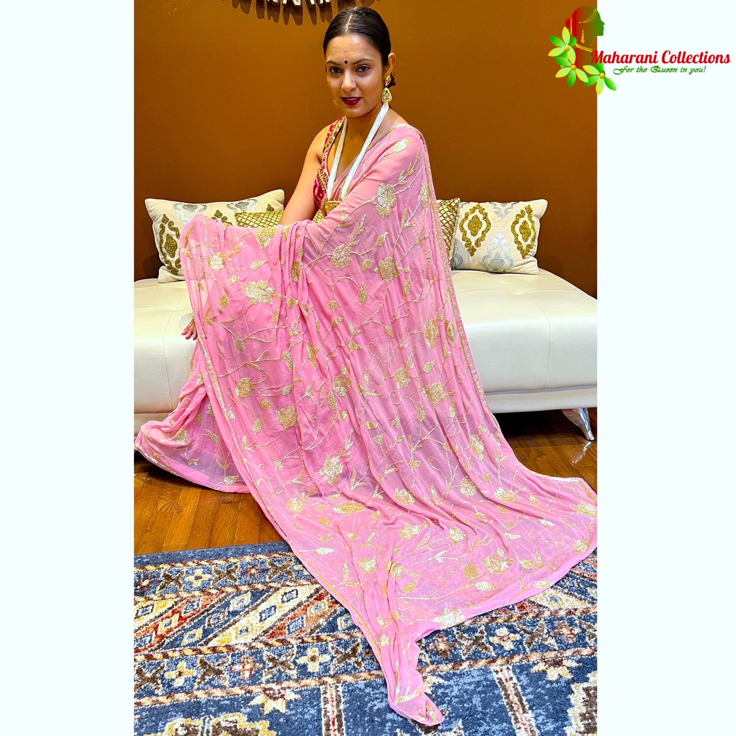 Maharani's Designer Party Wear Georgette Saree - Peach (with Stitched Petticoat)