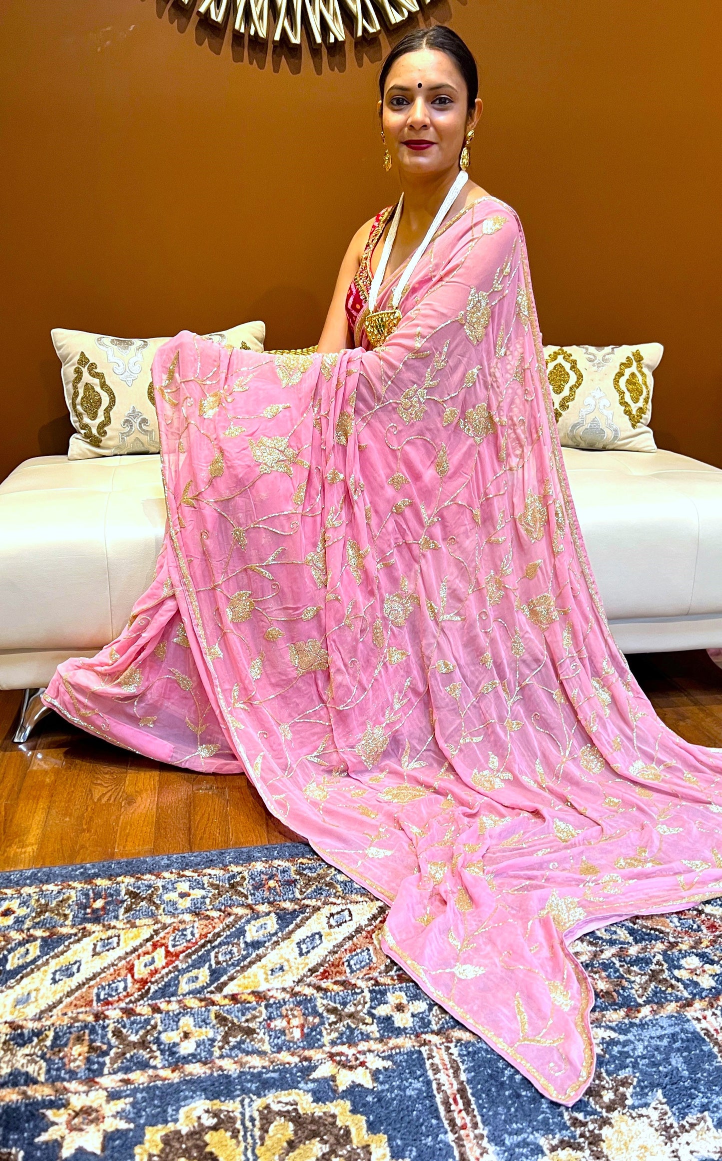 Maharani's Designer Party Wear Georgette Saree - Peach (with Stitched Petticoat)