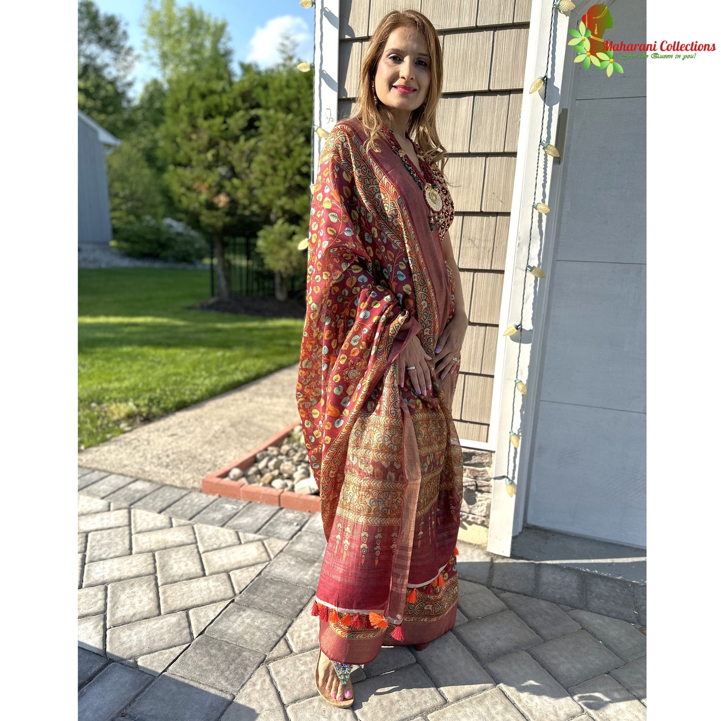 Maharani's Simple Elegance Matka Silk Saree - Maroon Floral (with stitched blouse and petticoat)