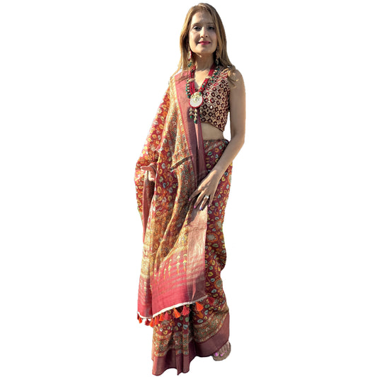 Maharani's Simple Elegance Matka Silk Saree - Maroon Floral (with stitched blouse and petticoat)