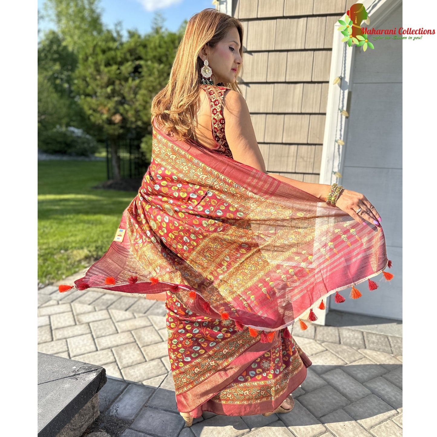 Maharani's Simple Elegance Matka Silk Saree - Maroon Floral (with stitched blouse and petticoat)