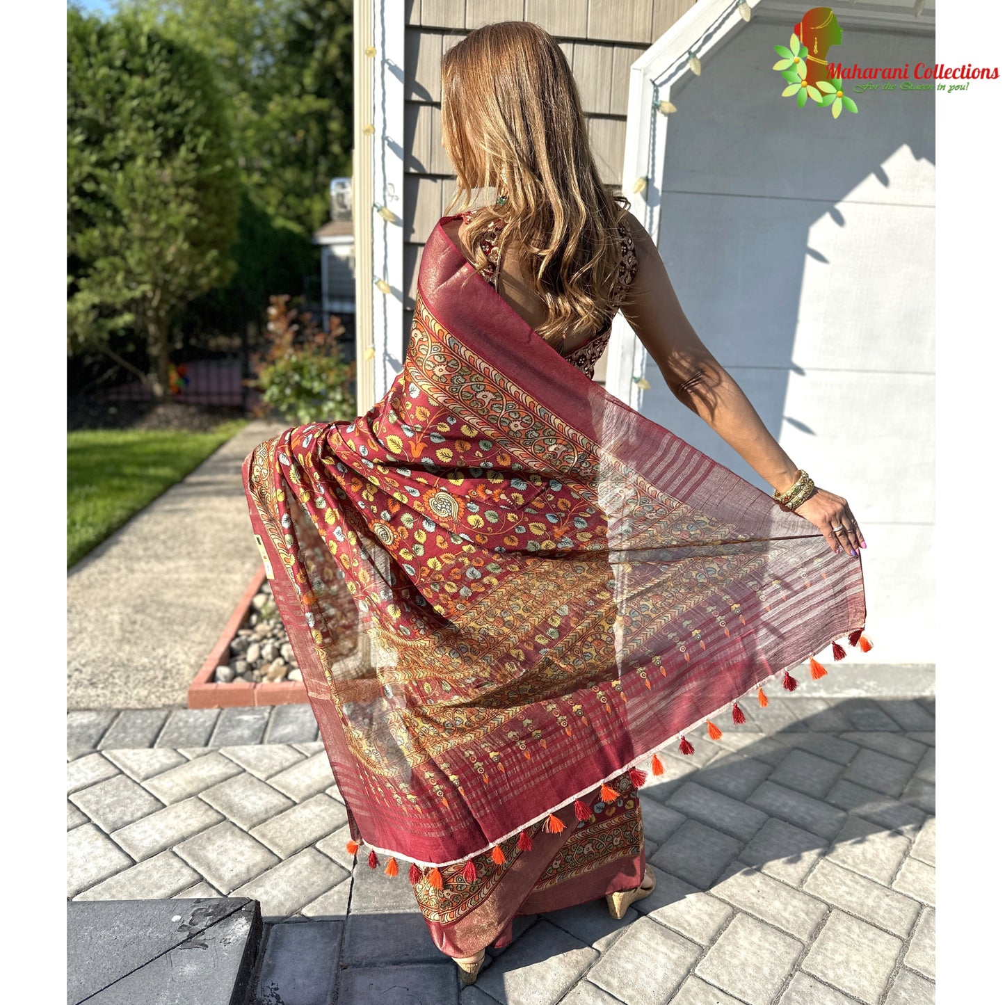 Maharani's Simple Elegance Matka Silk Saree - Maroon Floral (with stitched blouse and petticoat)