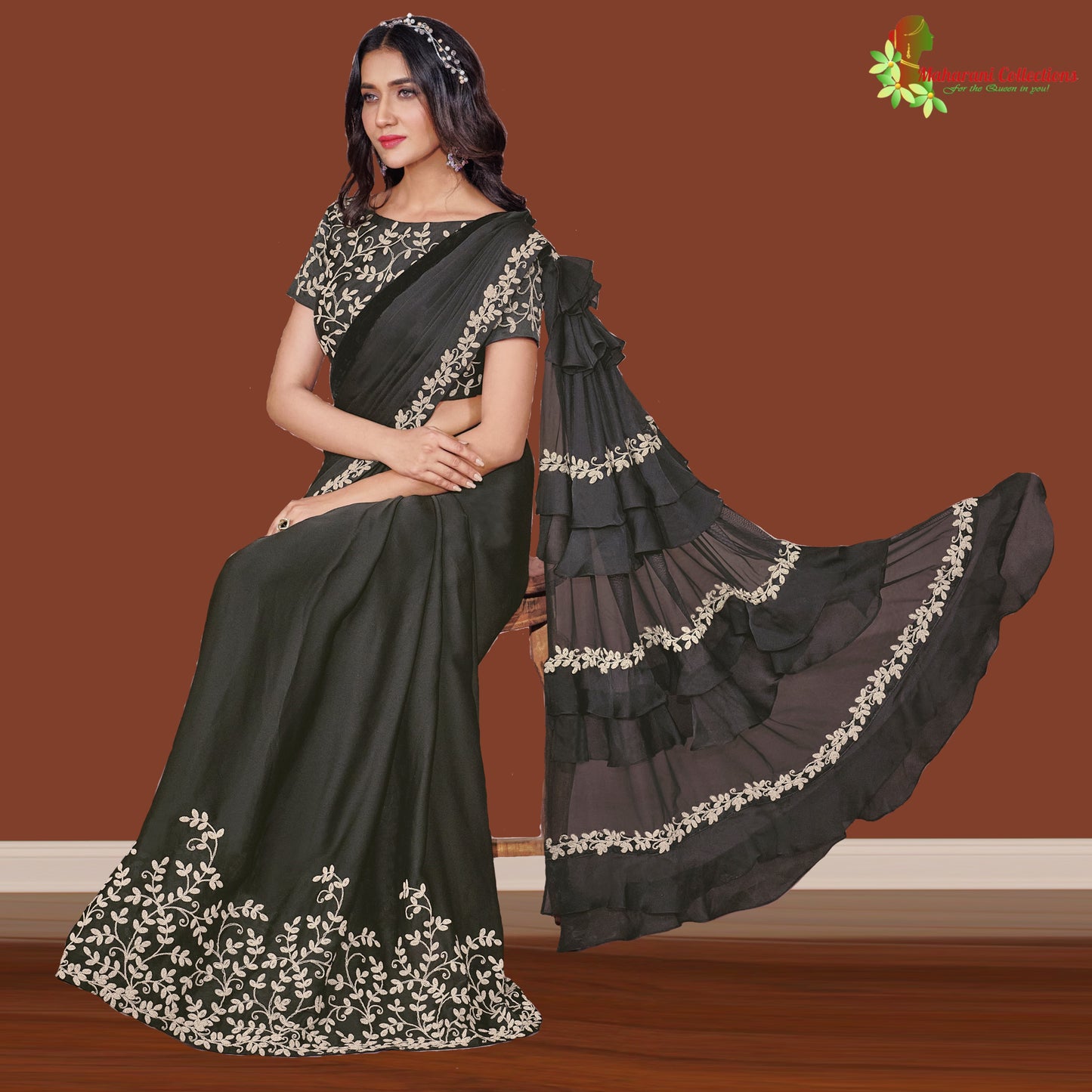 Maharani's Party Wear Stitched Designer Saree - Black (with stitched Blouse & Petticoat)