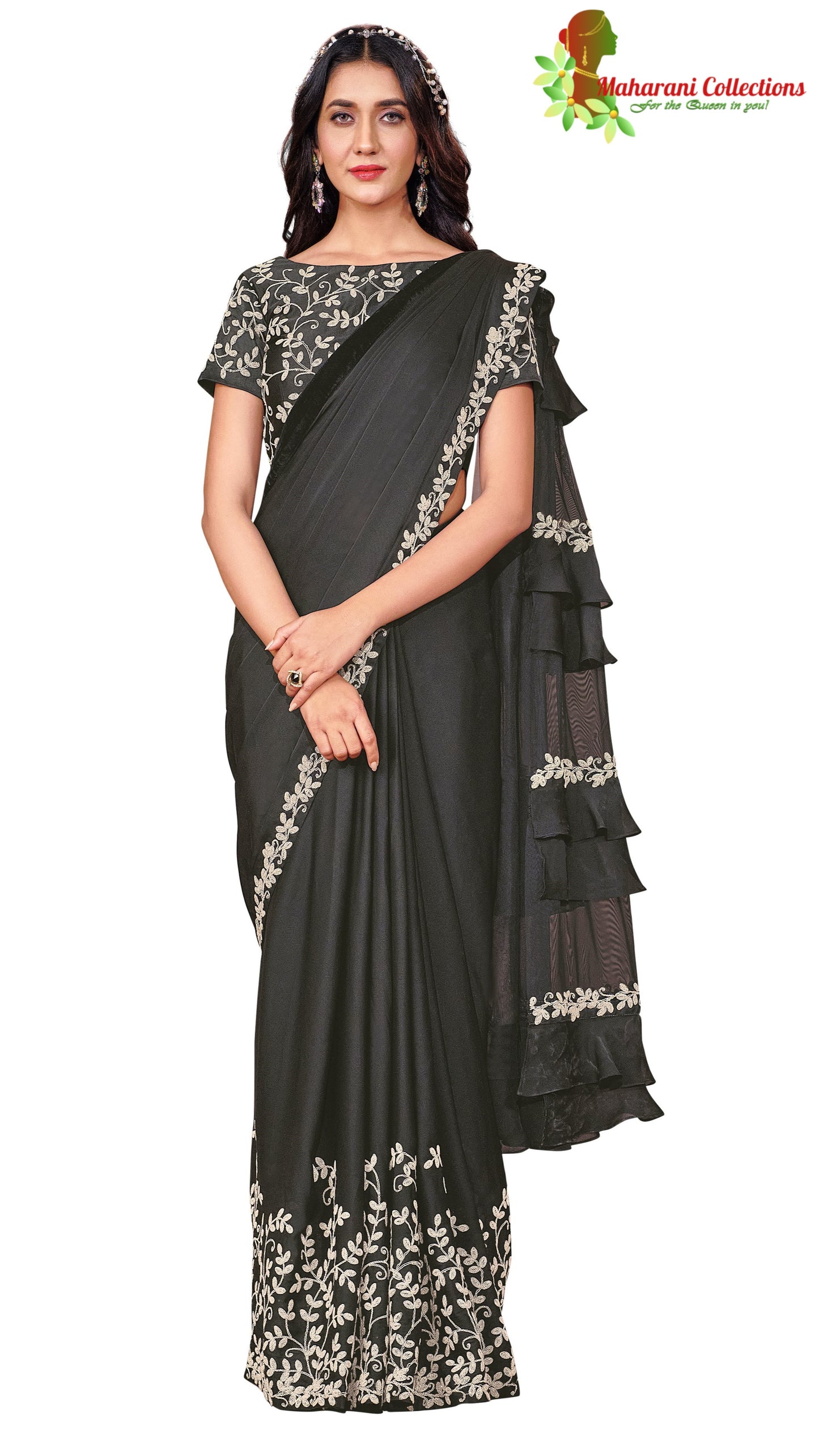 Maharani's Party Wear Stitched Designer Saree - Black (with stitched Blouse & Petticoat)