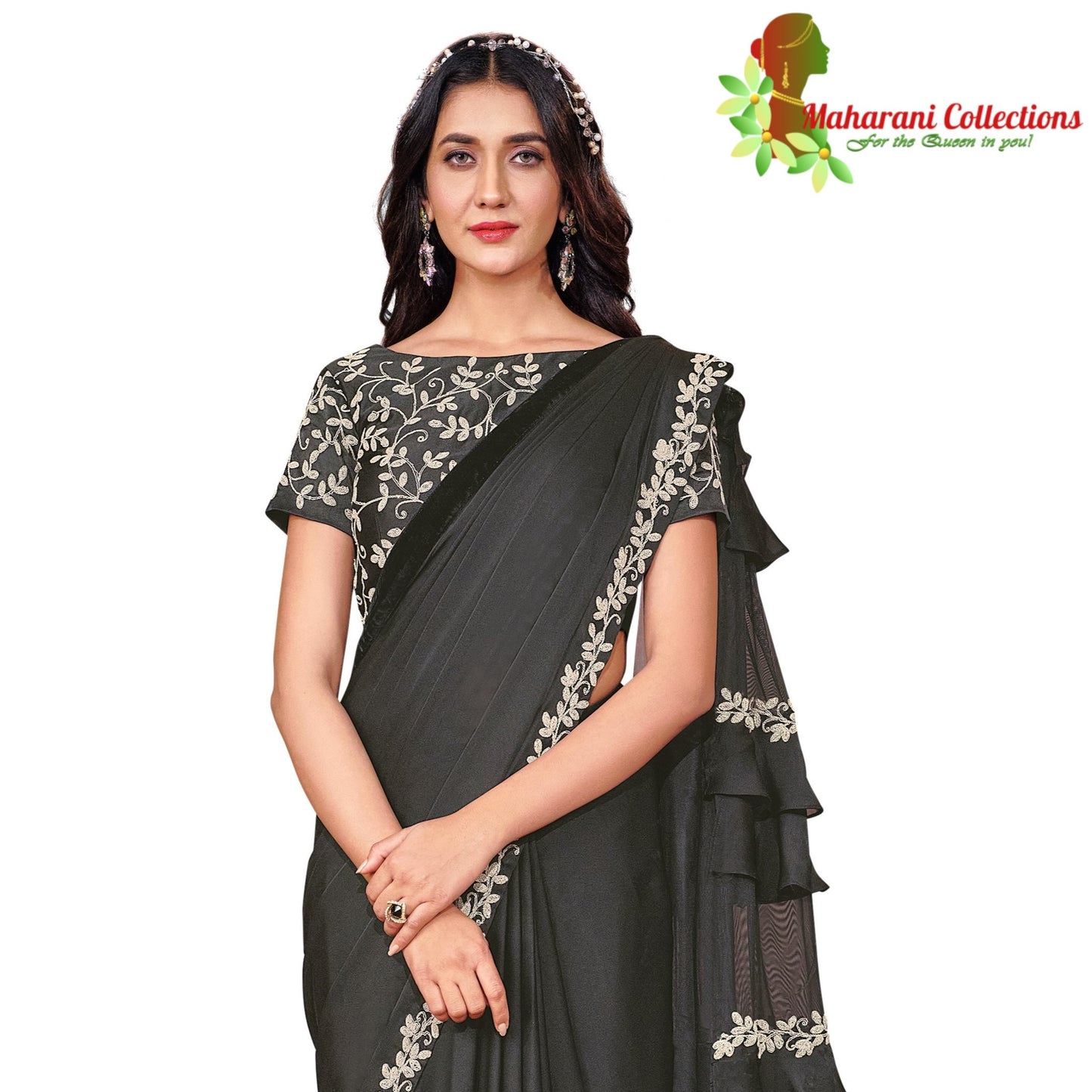 Maharani's Party Wear Stitched Designer Saree - Black (with stitched Blouse & Petticoat)